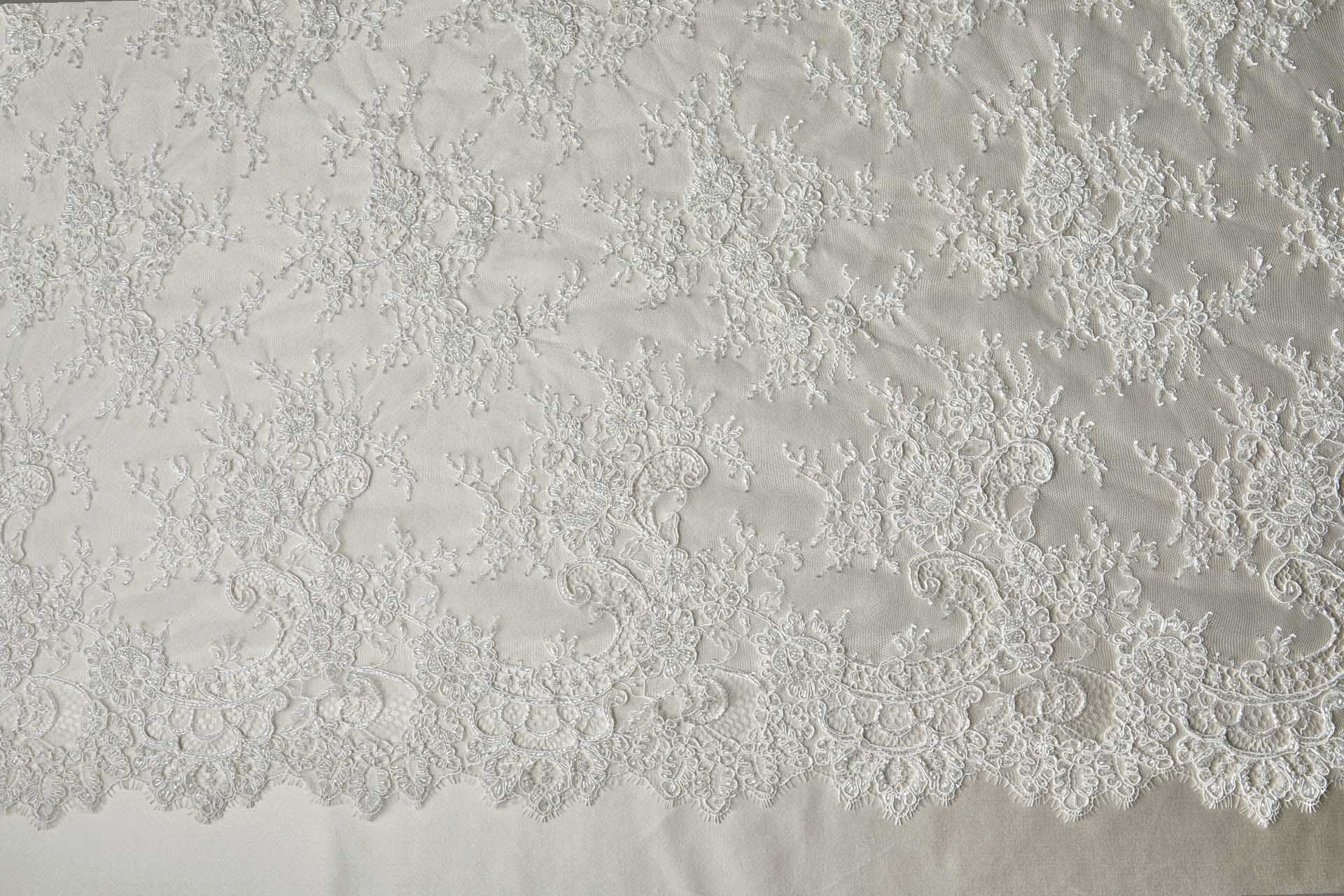 Corded, Beaded and Sequinned Chantilly Lace Double Border in Ivory fabric, image 11 of 13