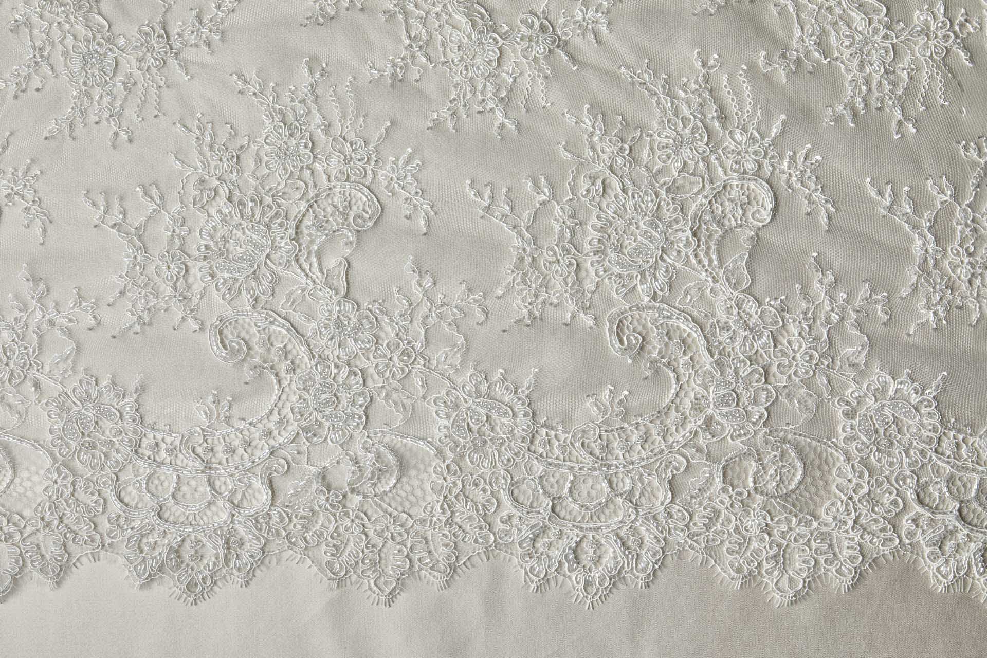 Corded, Beaded and Sequinned Chantilly Lace Double Border in Ivory fabric, image 12 of 13