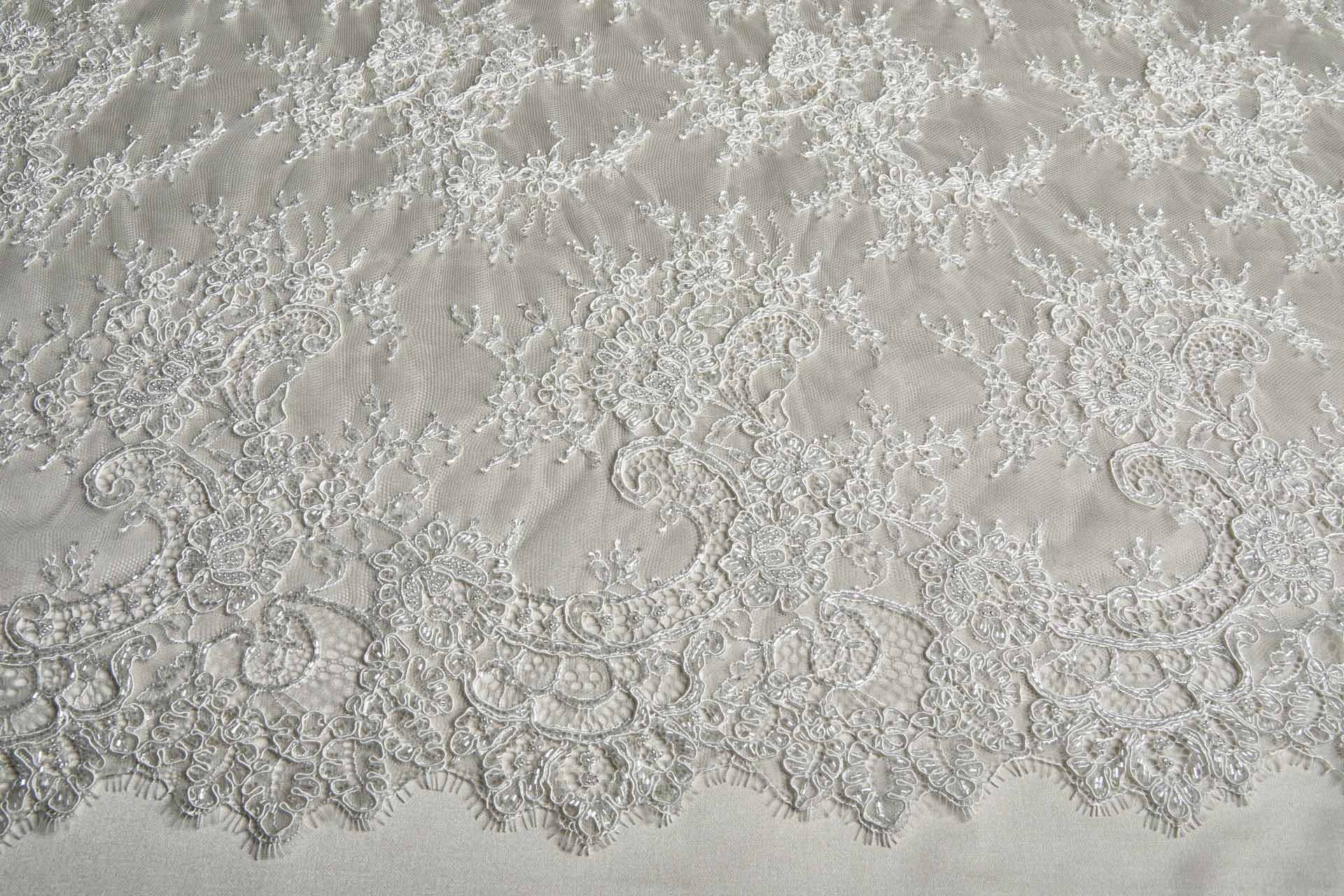 Corded, Beaded and Sequinned Chantilly Lace Double Border in Ivory fabric, image 13 of 13