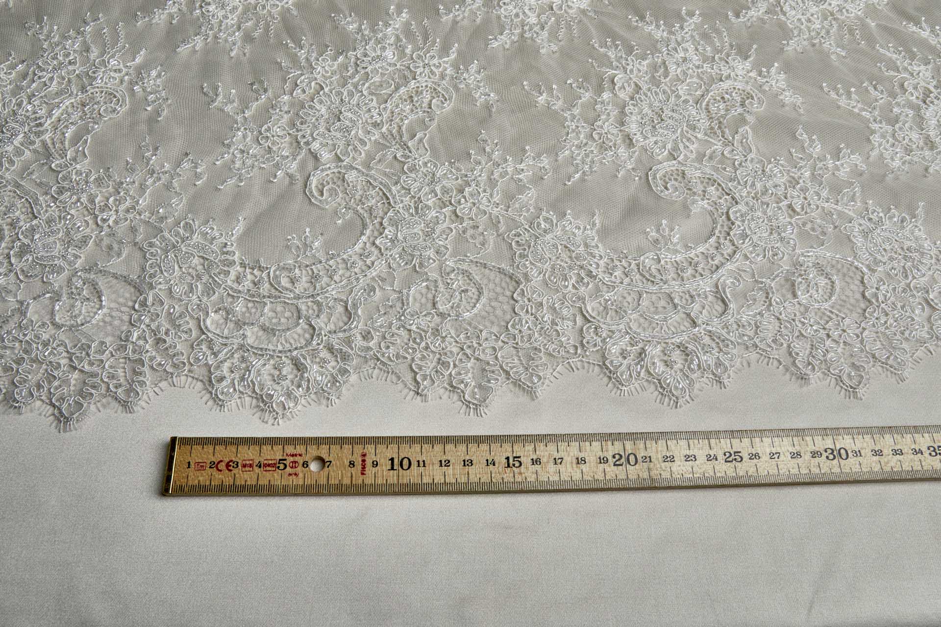 Corded, Beaded and Sequinned Chantilly Lace Double Border in Ivory fabric, image 2 of 13