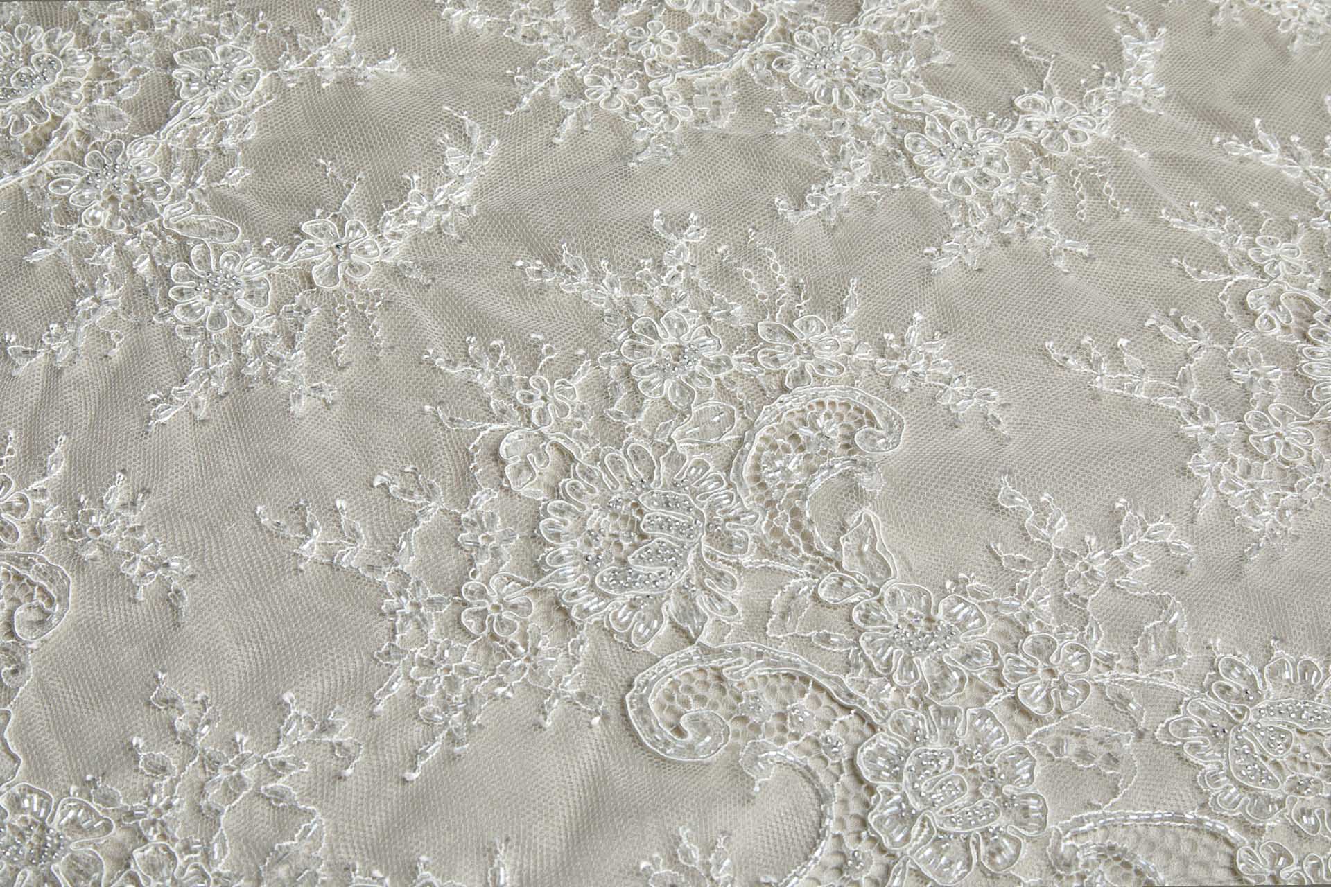 Corded, Beaded and Sequinned Chantilly Lace Double Border in Ivory fabric, image 3 of 13