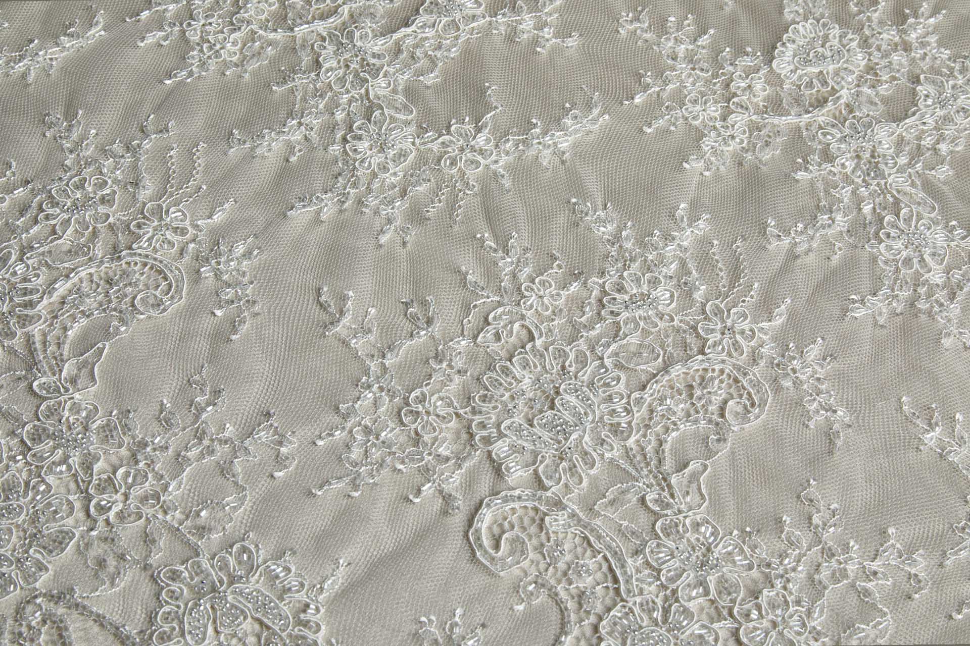 Corded, Beaded and Sequinned Chantilly Lace Double Border in Ivory fabric, image 4 of 13