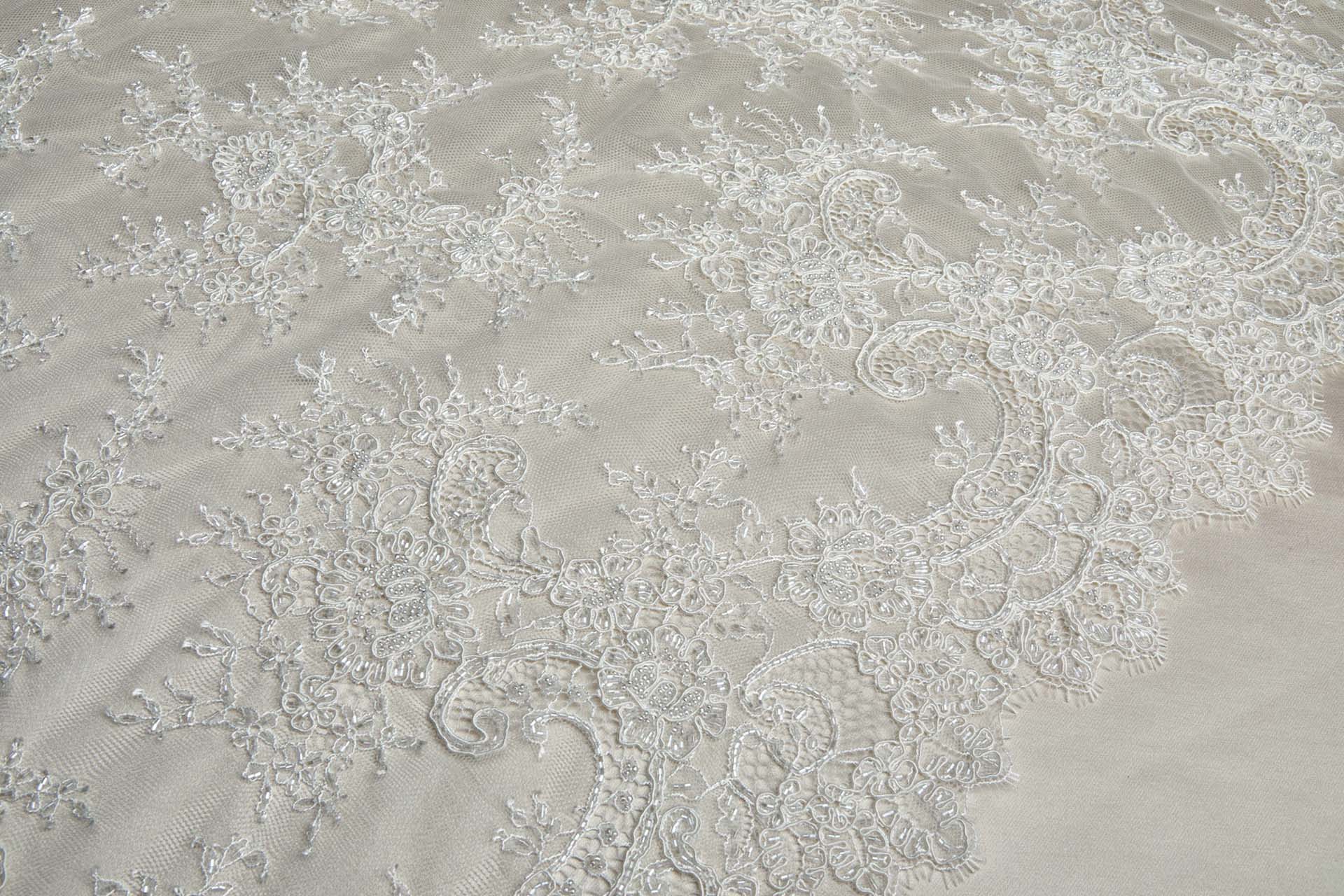 Corded, Beaded and Sequinned Chantilly Lace Double Border in Ivory fabric, image 5 of 13