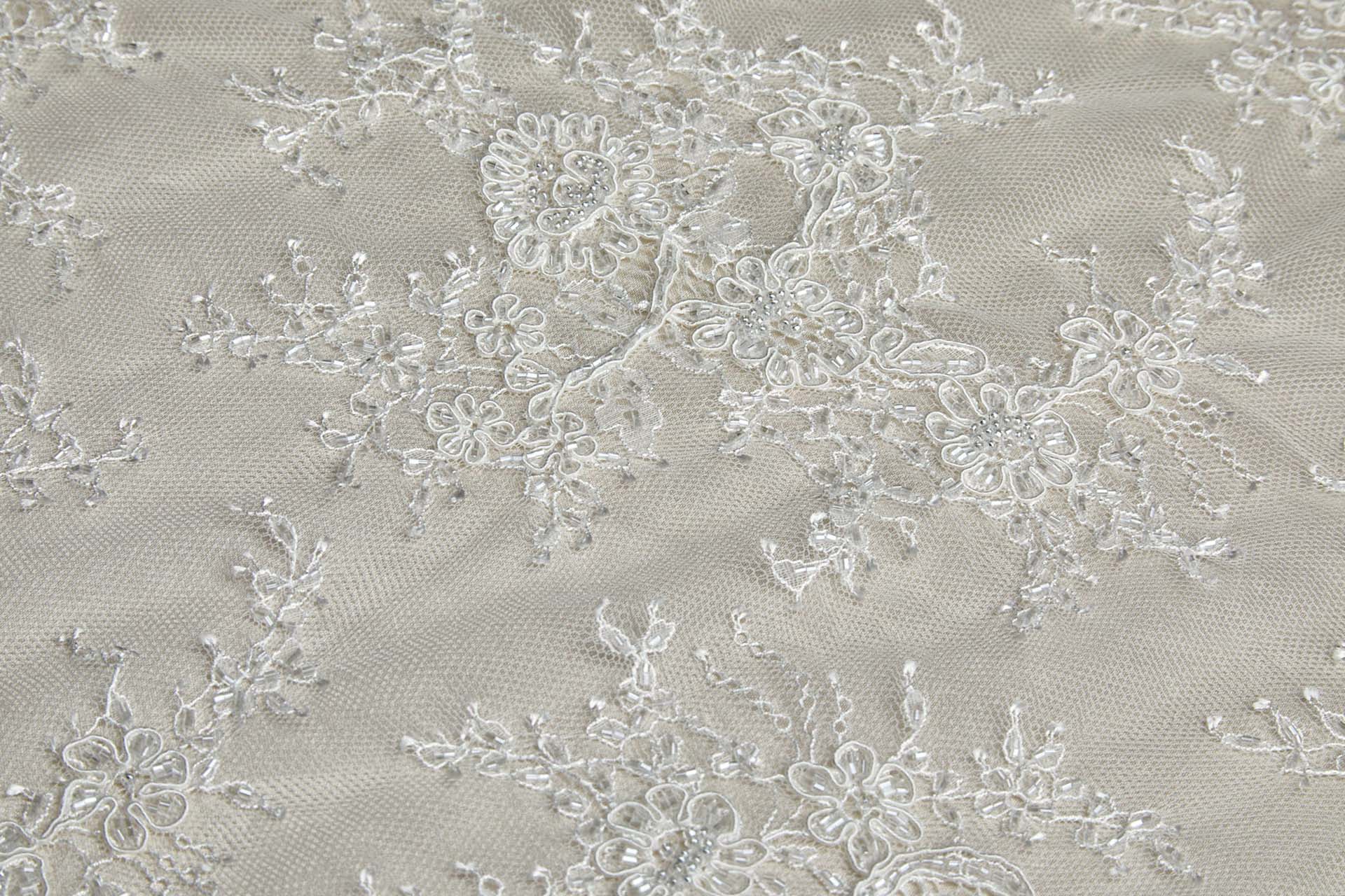 Corded, Beaded and Sequinned Chantilly Lace Double Border in Ivory fabric, image 6 of 13
