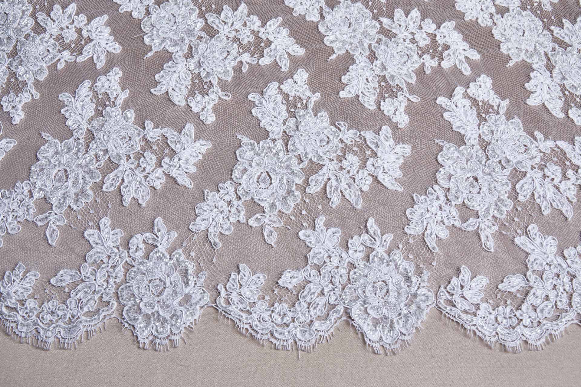 Beaded Rose Design Leavers Lace - White Double Scallop fabric, image 10 of 10
