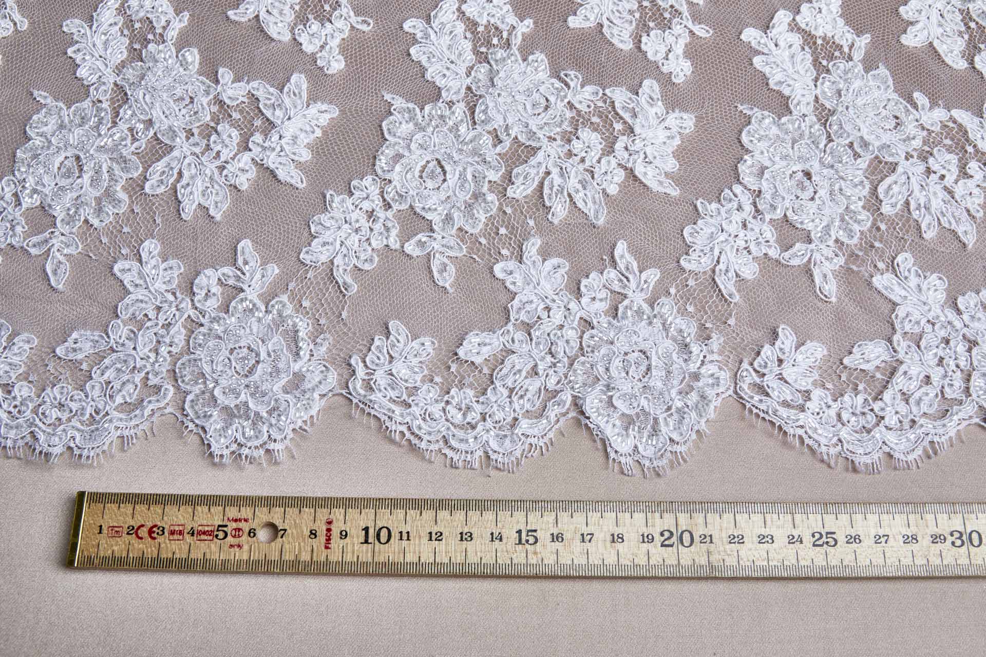 Beaded Rose Design Leavers Lace - White Double Scallop fabric, image 2 of 10
