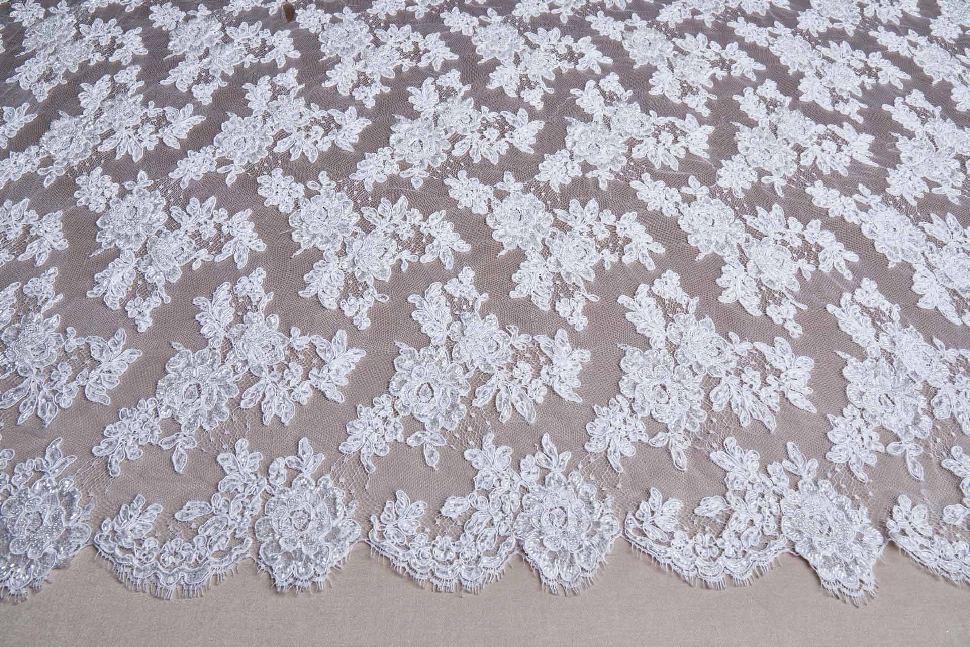 Beaded Rose Design Leavers Lace - White Double Scallop fabric, image 3 of 10