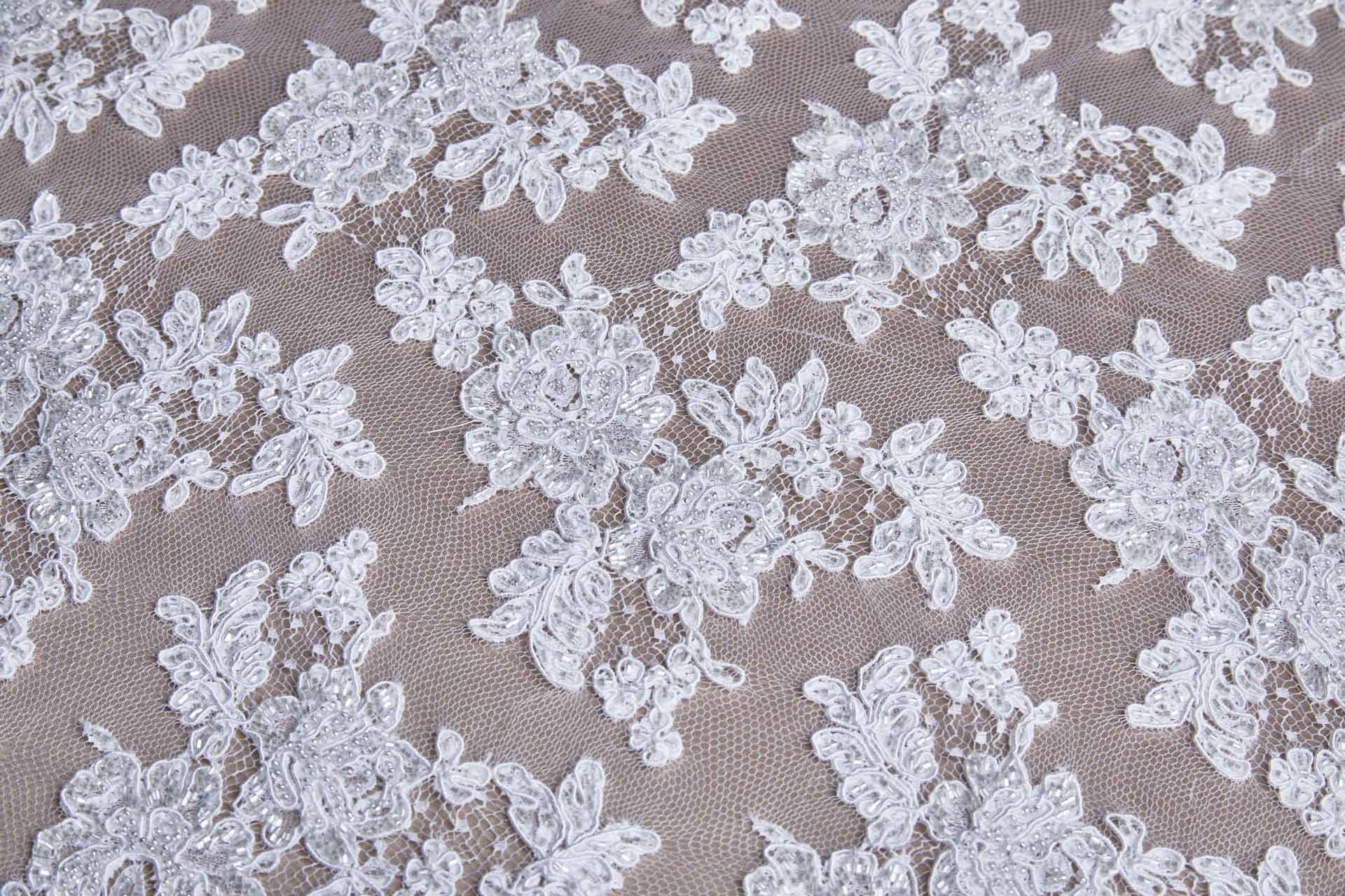 Beaded Rose Design Leavers Lace - White Double Scallop fabric, image 4 of 10
