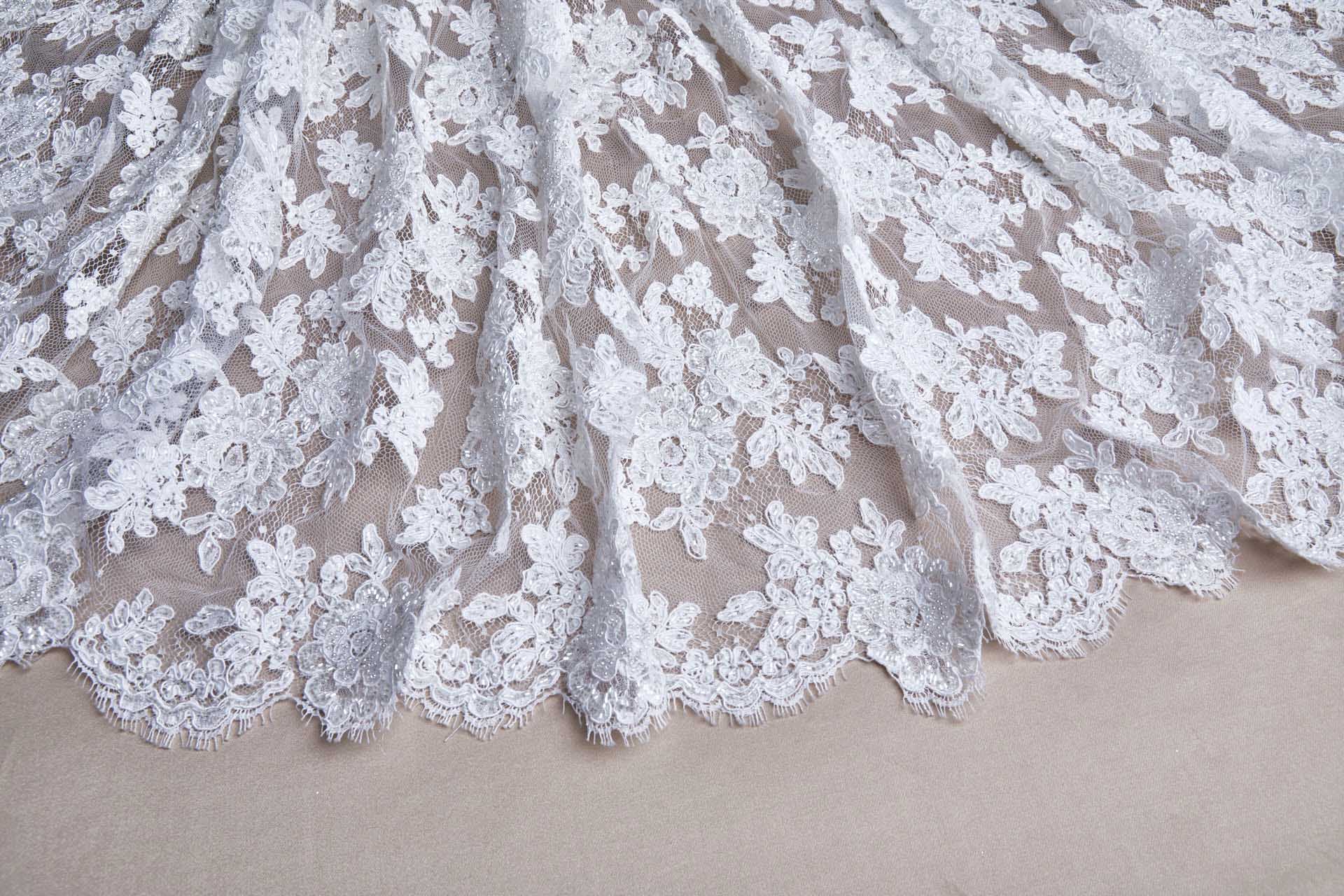 Beaded Rose Design Leavers Lace - White Double Scallop fabric, image 5 of 10
