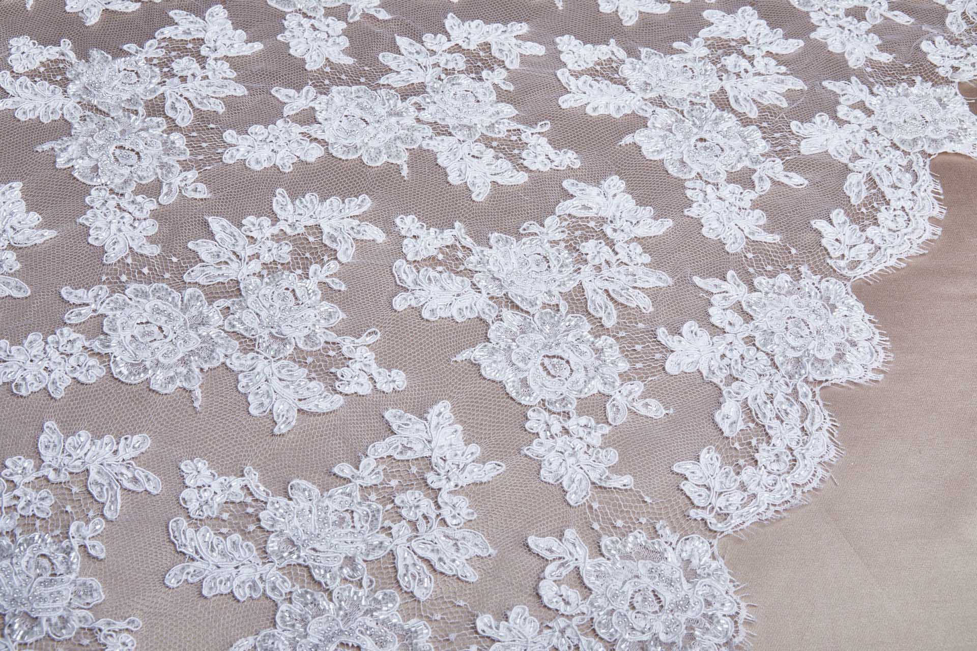 Beaded Rose Design Leavers Lace - White Double Scallop fabric