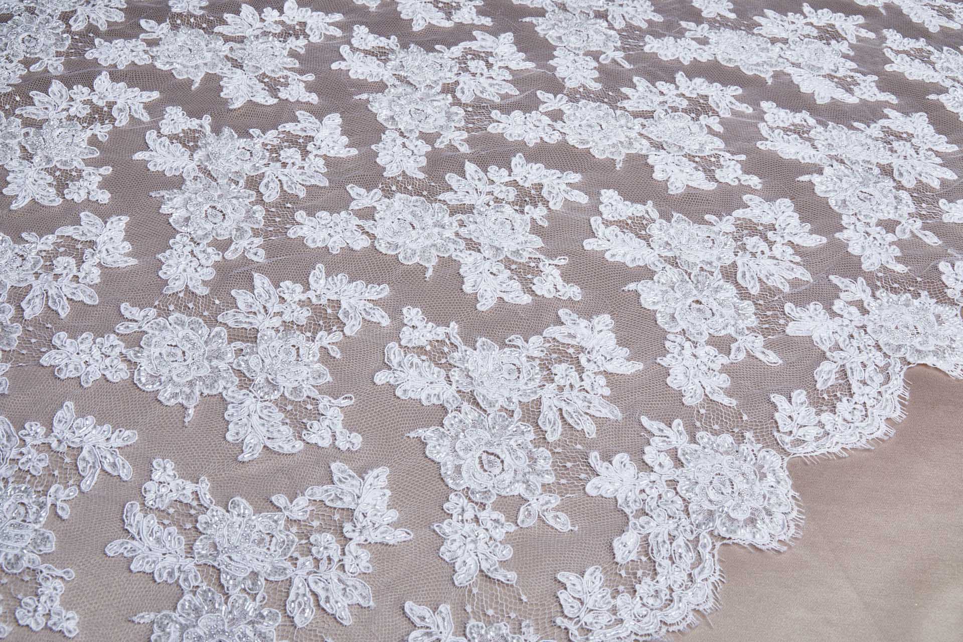 Beaded Rose Design Leavers Lace - White Double Scallop fabric, image 6 of 10