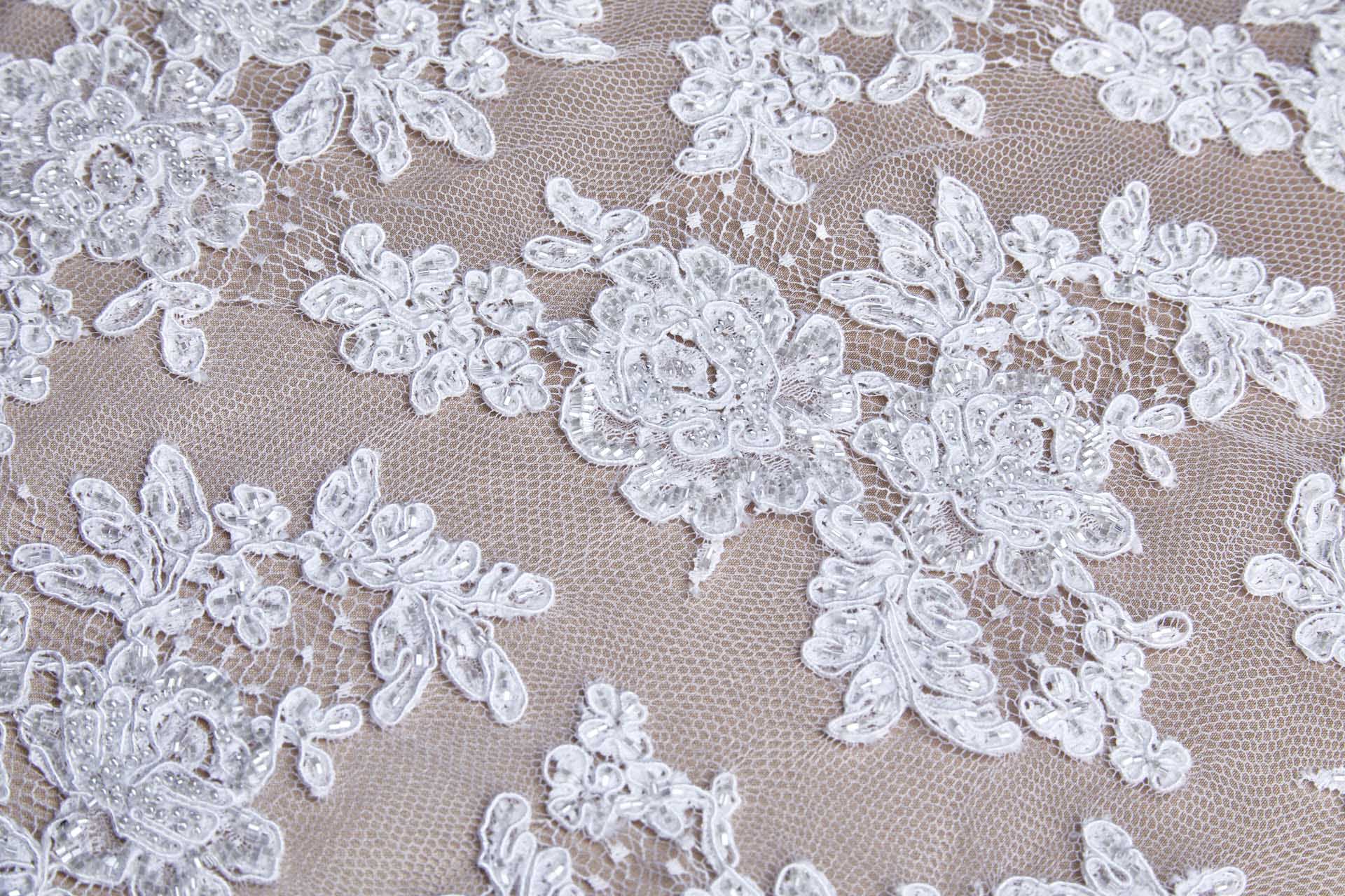 Beaded Rose Design Leavers Lace - White Double Scallop fabric, image 7 of 10