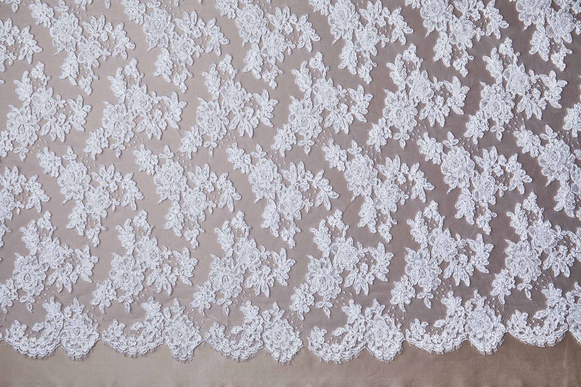 Beaded Rose Design Leavers Lace - White Double Scallop fabric, image 8 of 10