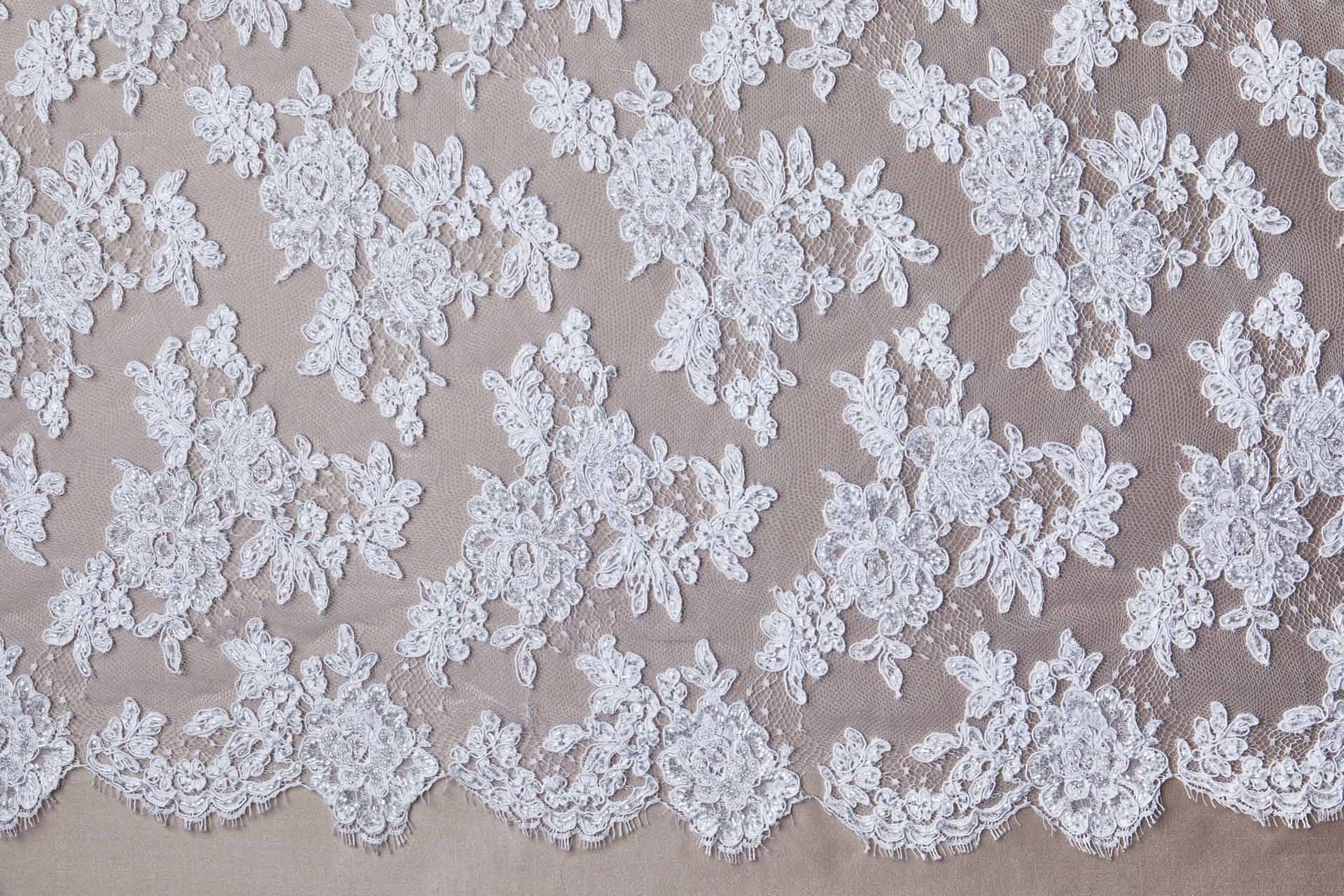 Beaded Rose Design Leavers Lace - White Double Scallop fabric, image 9 of 10