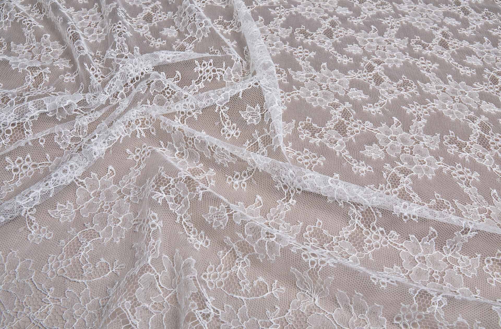 Delicate Floral Chantilly Lace - Vintage Ivory Double Scallop fabric, image 3 of 9