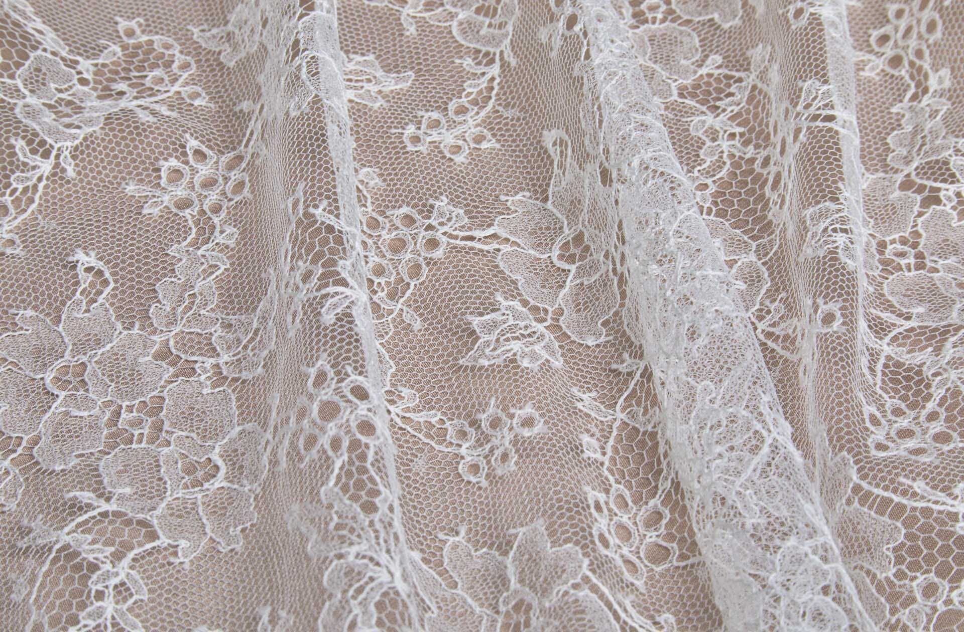 Delicate Floral Chantilly Lace - Vintage Ivory Double Scallop fabric, image 7 of 9