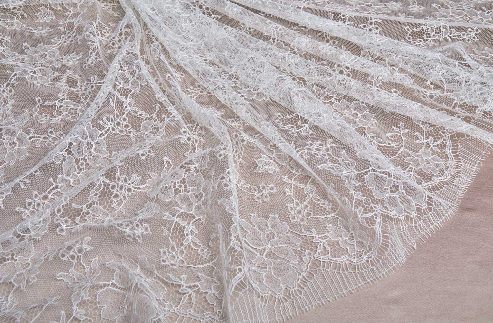 Delicate Floral Chantilly Lace - Vintage Ivory Double Scallop fabric, image 8 of 9