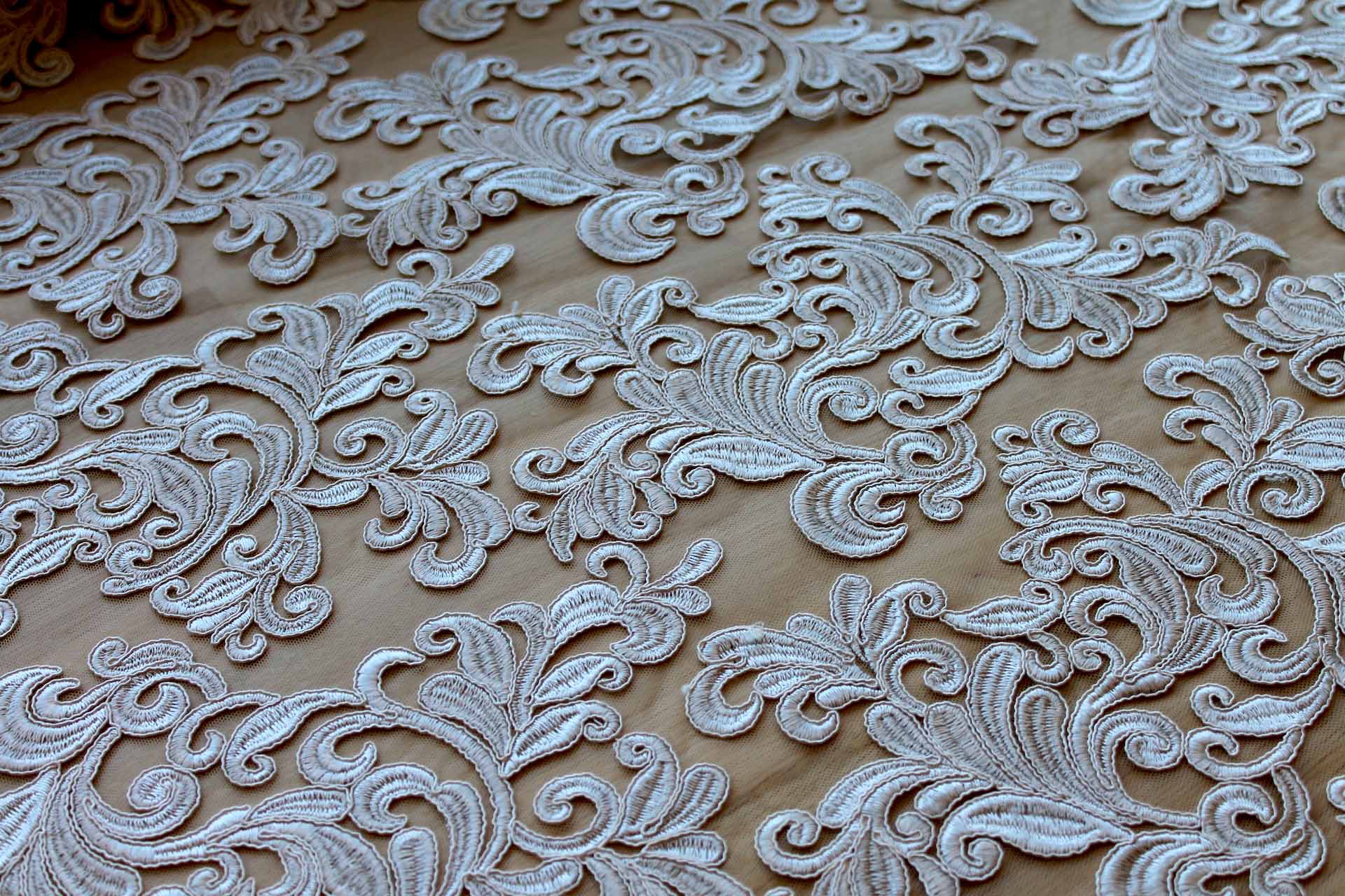 Corded Embroidered Tulle - Oyster - Double Scallop fabric, image 2 of 8