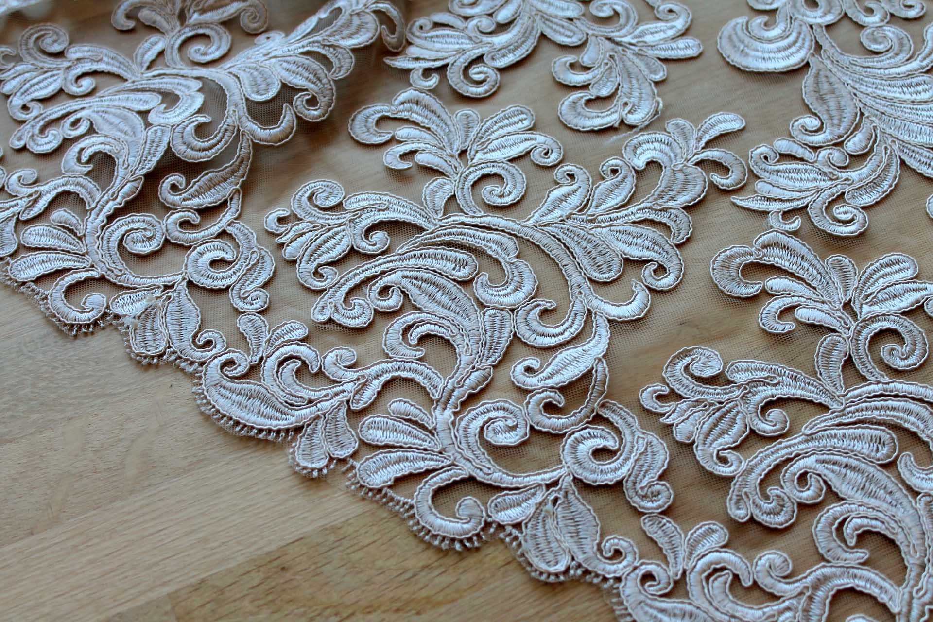 Corded Embroidered Tulle - Oyster - Double Scallop fabric, image 3 of 8