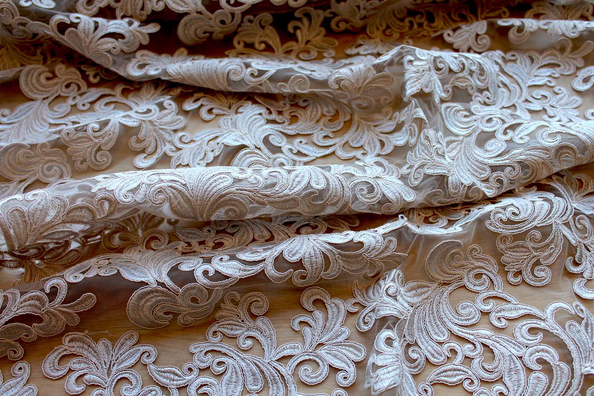 Corded Embroidered Tulle - Oyster - Double Scallop fabric, image 4 of 8