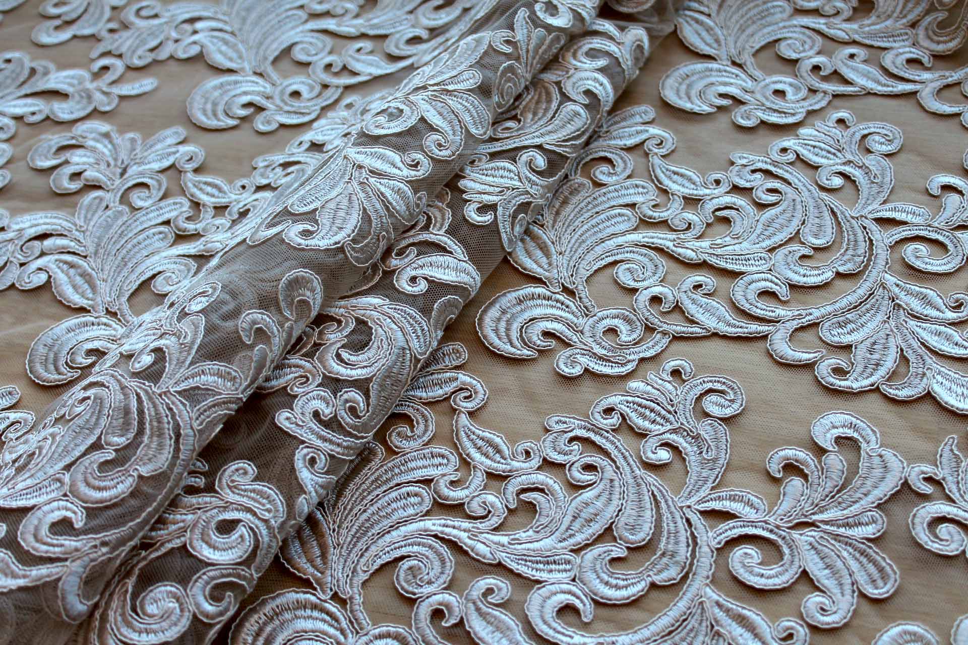 Corded Embroidered Tulle - Oyster - Double Scallop fabric, image 5 of 8