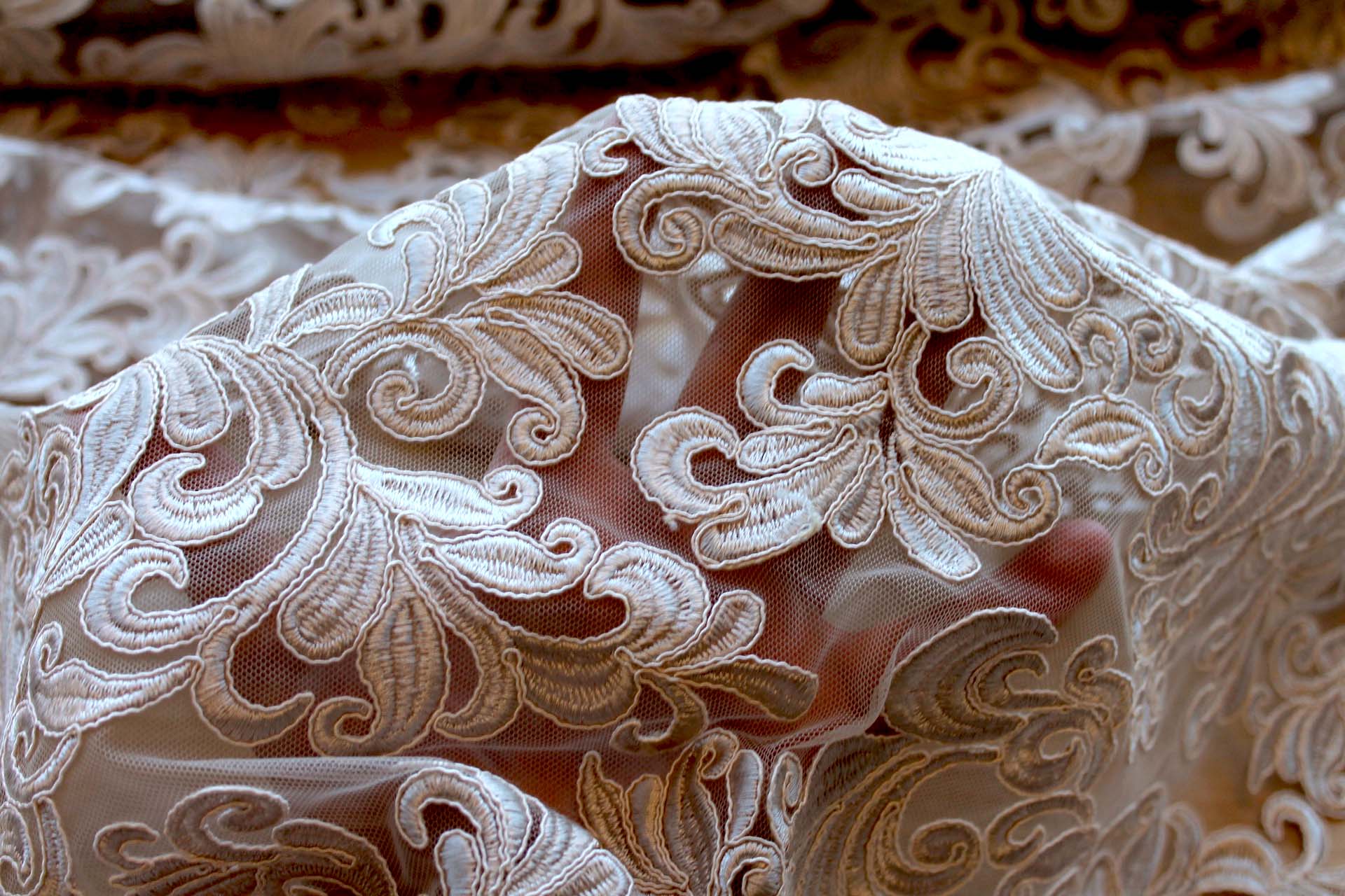 Corded Embroidered Tulle - Oyster - Double Scallop fabric, image 6 of 8