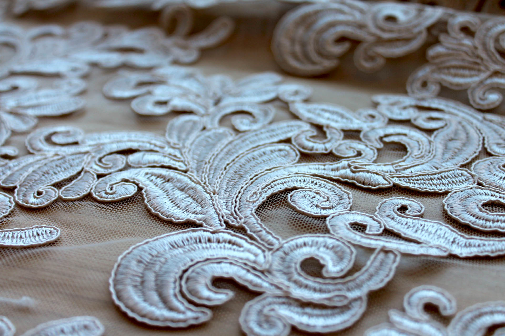 Corded Embroidered Tulle - Oyster - Double Scallop fabric, image 7 of 8