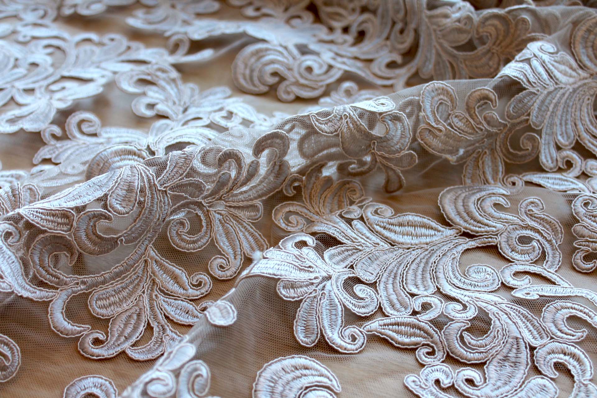 Corded Embroidered Tulle - Oyster - Double Scallop fabric, image 8 of 8