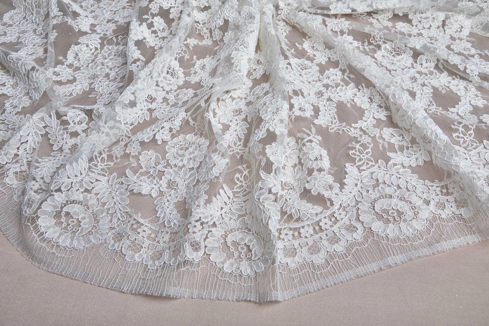 French Corded Leavers Lace with Posies and Leaves - Ivory fabric