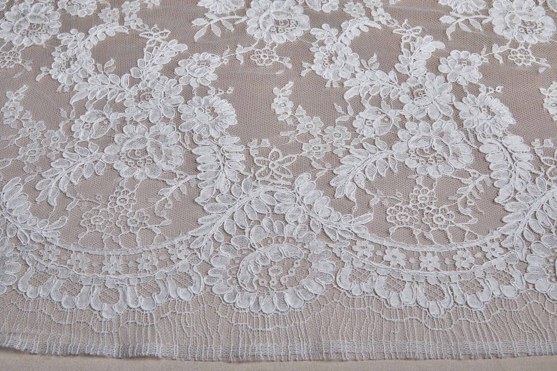 French Corded Leavers Lace with Posies and Leaves - Ivory fabric, image 7 of 9