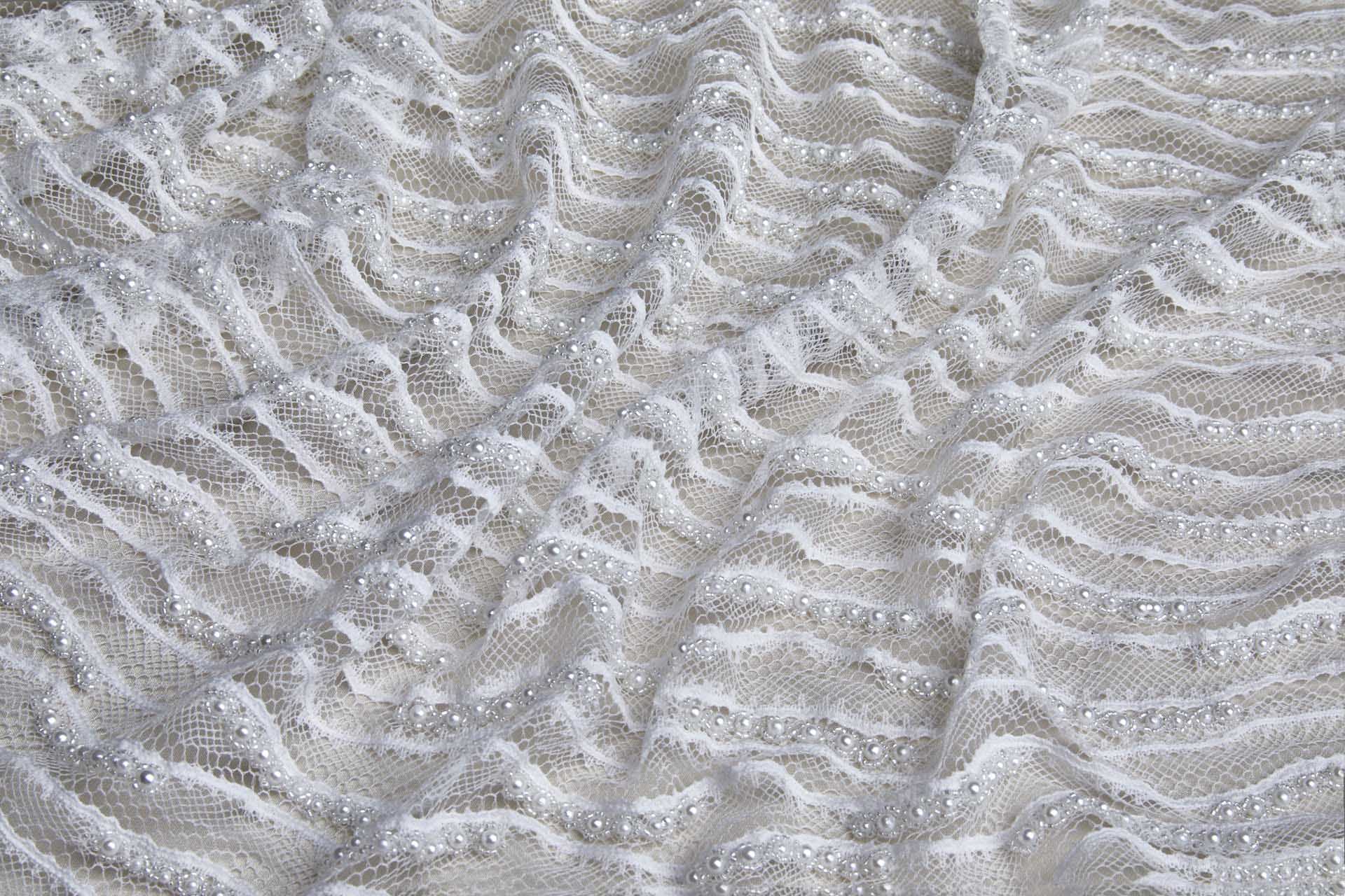 Italian Hand Beaded Lace - Pale Ivory with Pearls and Glass Beads fabric, image 2 of 10