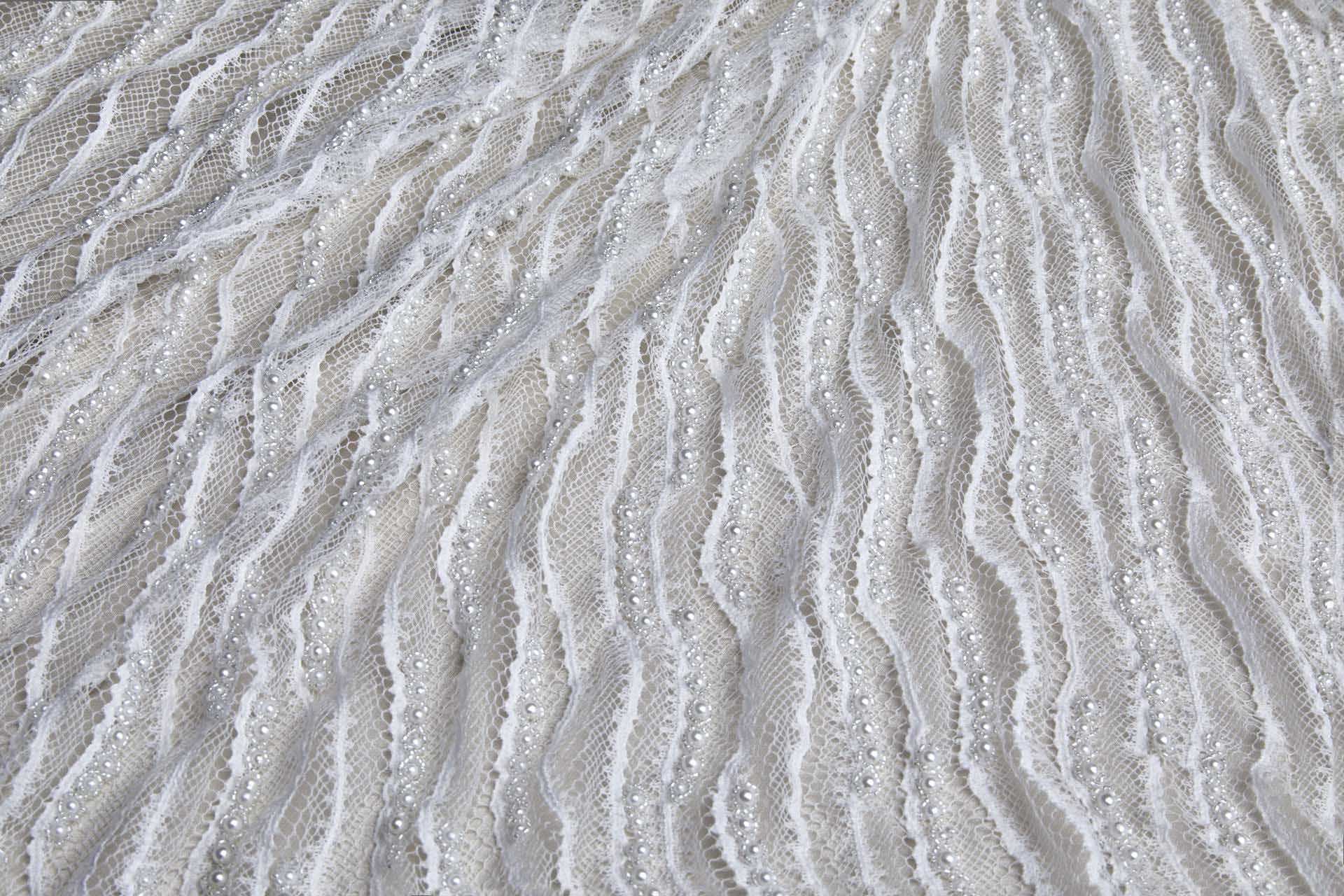 Italian Hand Beaded Lace - Pale Ivory with Pearls and Glass Beads fabric