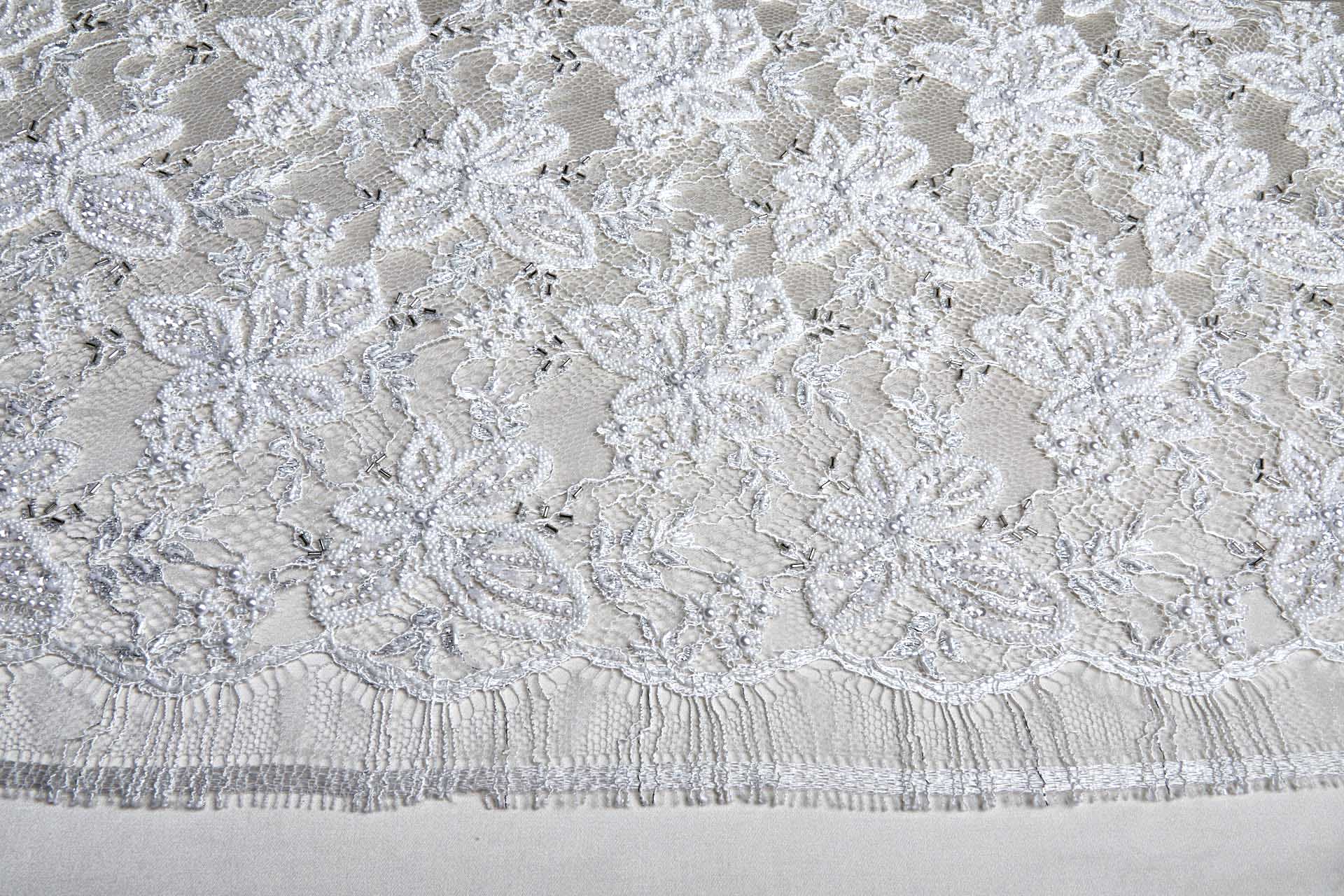 Heavily Beaded and Sequinned Floral Leavers Lace in Ivory and Silver fabric, image 12 of 13