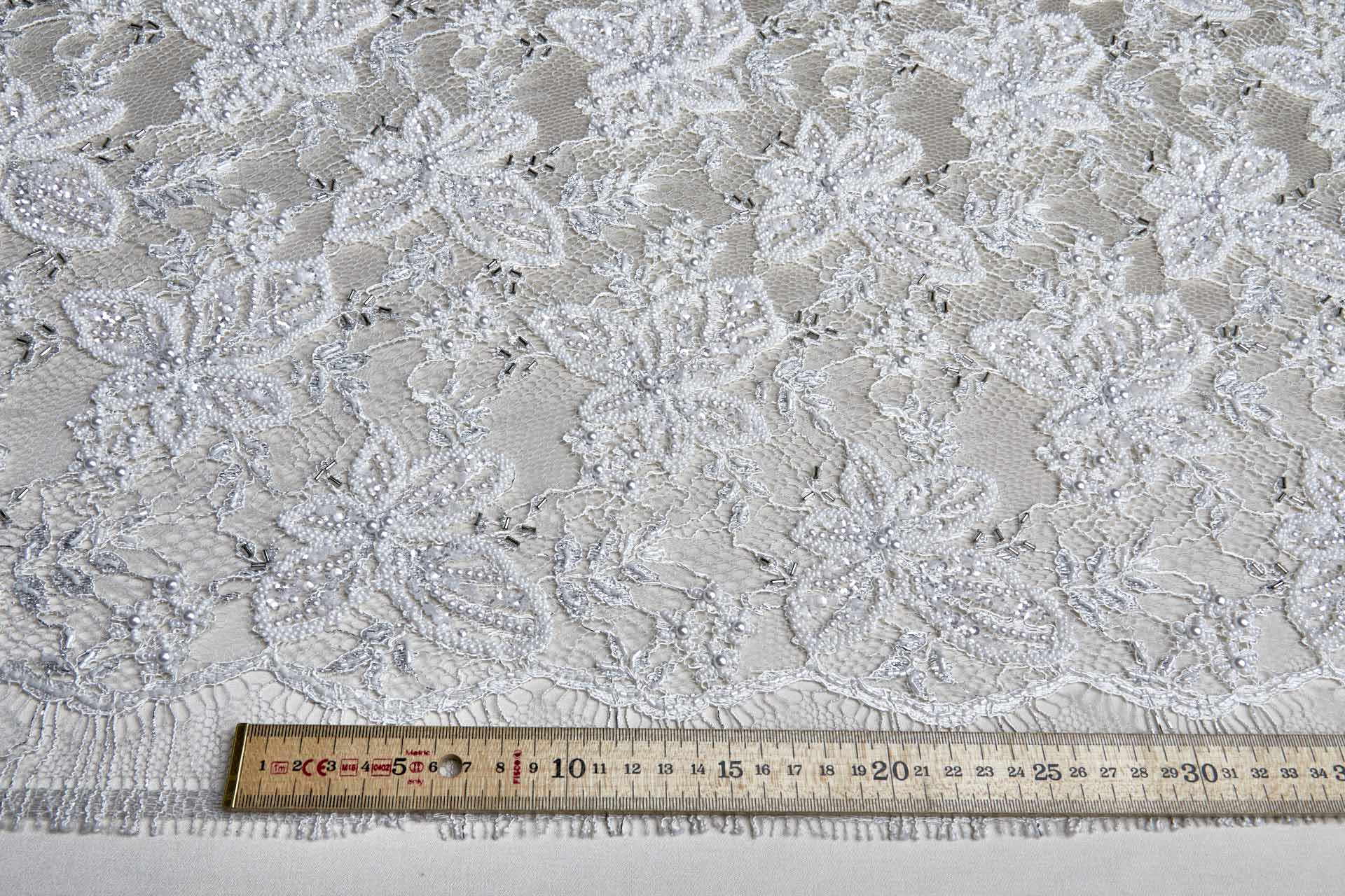 Heavily Beaded and Sequinned Floral Leavers Lace in Ivory and Silver fabric, image 2 of 13