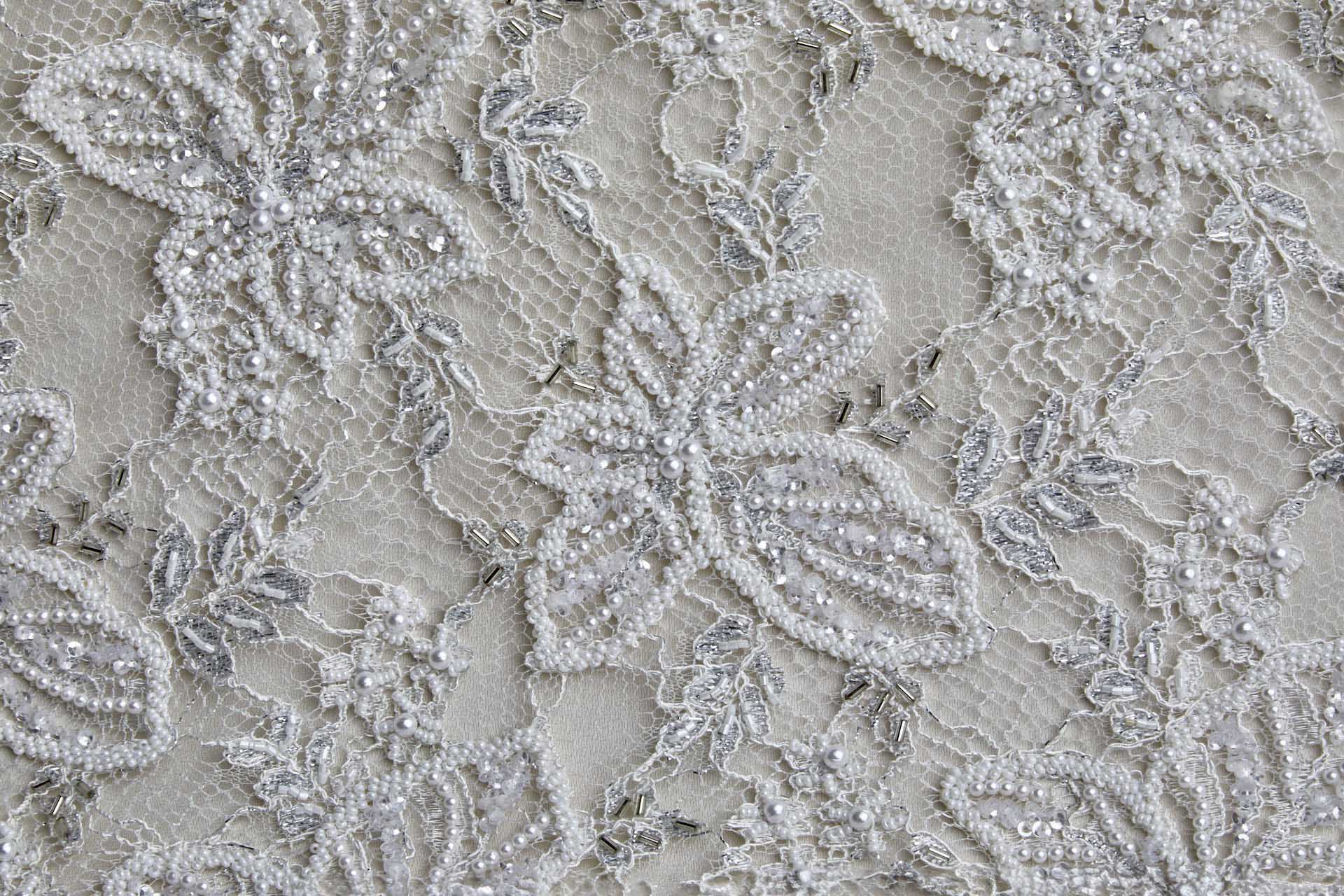 Heavily Beaded and Sequinned Floral Leavers Lace in Ivory and Silver fabric, image 10 of 13