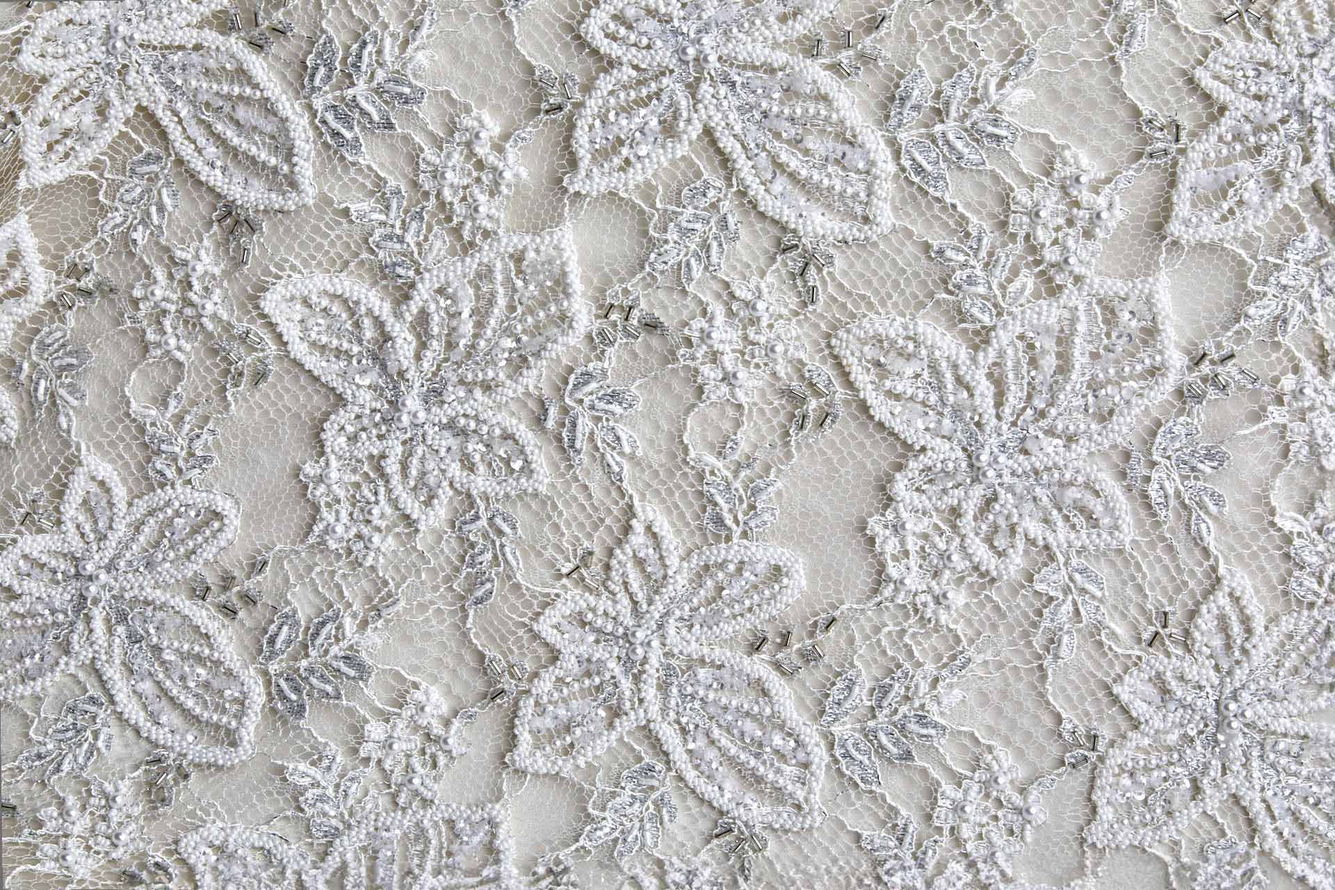 Heavily Beaded and Sequinned Floral Leavers Lace in Ivory and Silver fabric, image 13 of 13