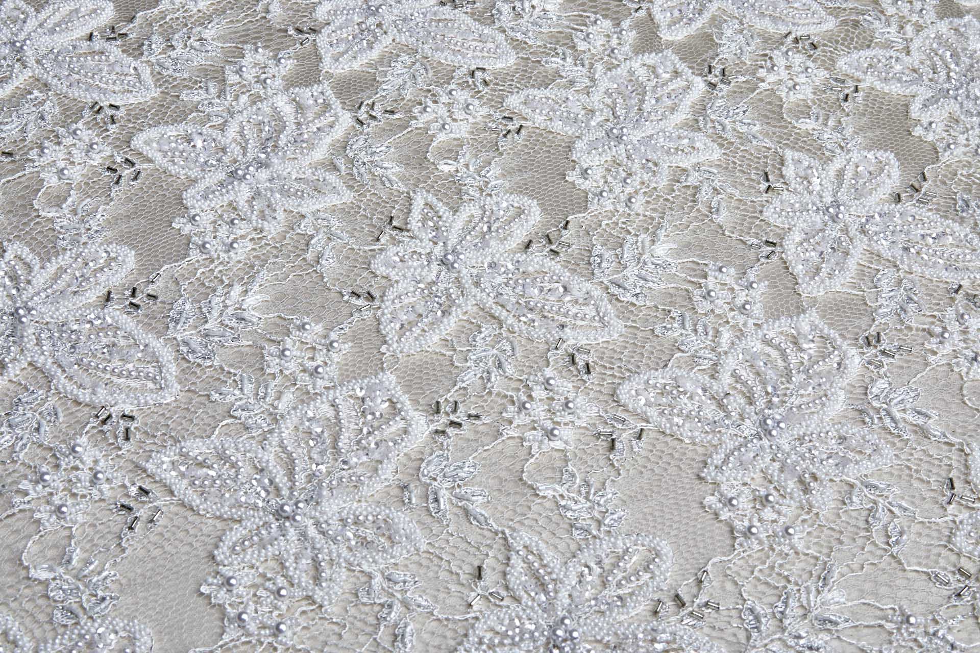 Heavily Beaded and Sequinned Floral Leavers Lace in Ivory and Silver fabric, image 3 of 13