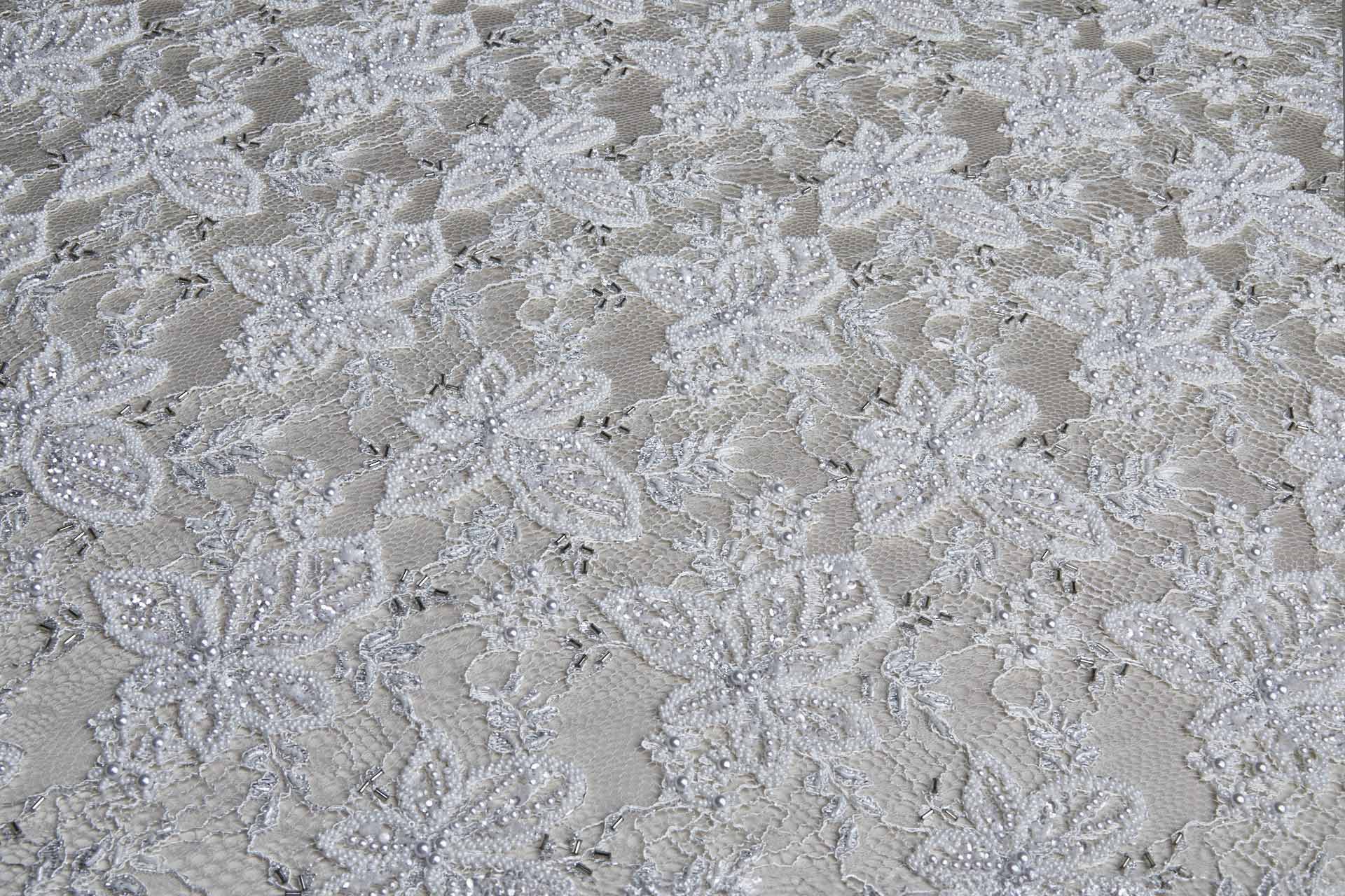 Heavily Beaded and Sequinned Floral Leavers Lace in Ivory and Silver fabric, image 4 of 13