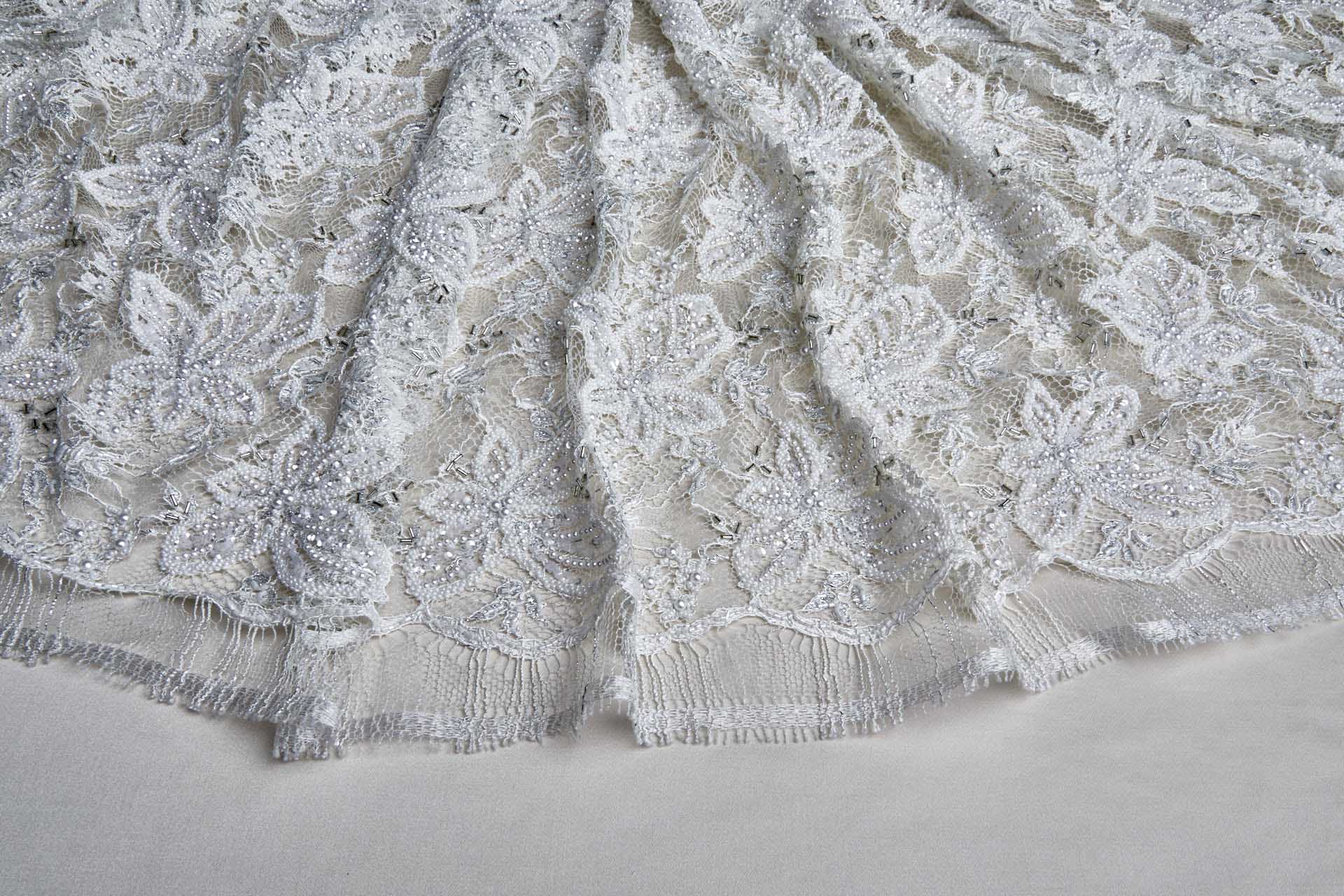 Heavily Beaded and Sequinned Floral Leavers Lace in Ivory and Silver fabric