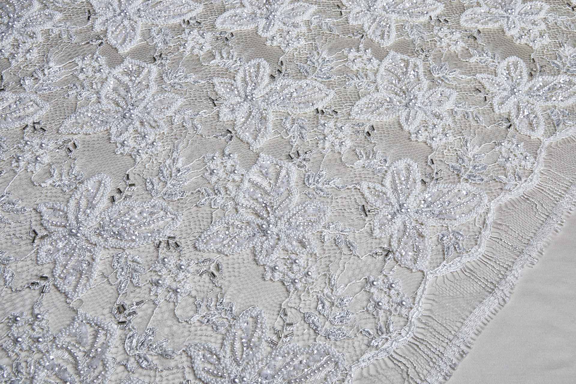 Heavily Beaded and Sequinned Floral Leavers Lace in Ivory and Silver fabric, image 5 of 13