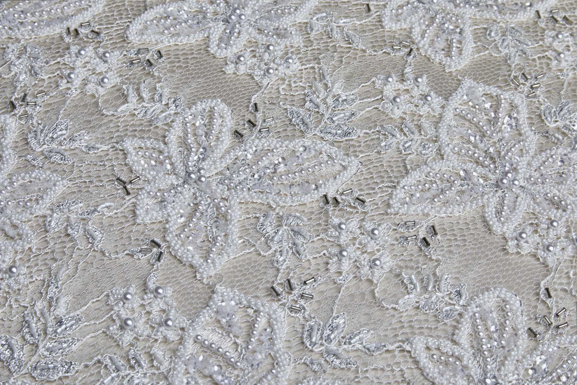 Heavily Beaded and Sequinned Floral Leavers Lace in Ivory and Silver fabric, image 6 of 13