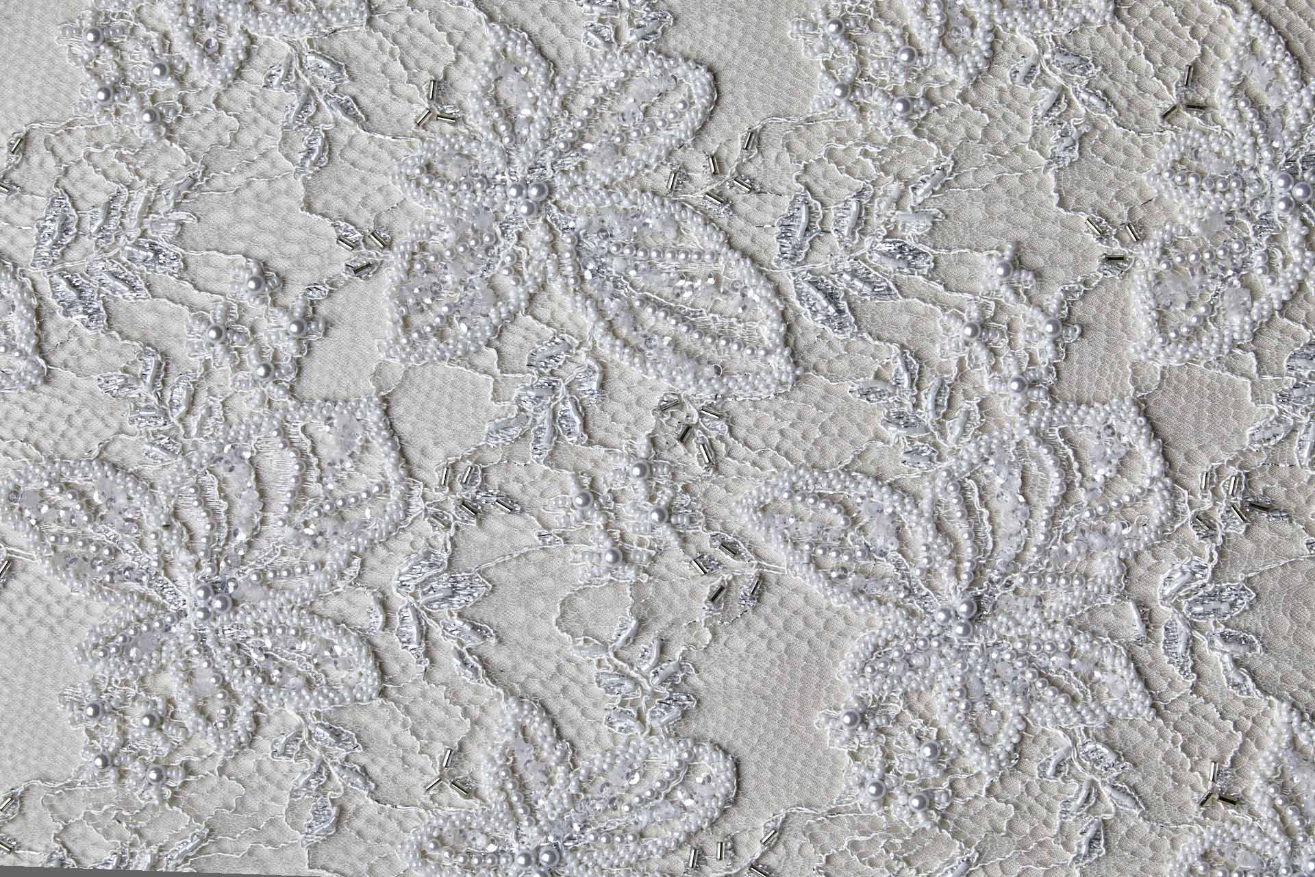 Heavily Beaded and Sequinned Floral Leavers Lace in Ivory and Silver fabric, image 8 of 13