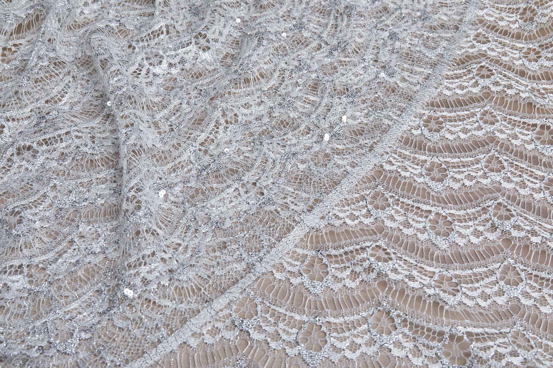 Leavers Lace Ivory / Silver Beaded and Sequinned fabric, image 13 of 13