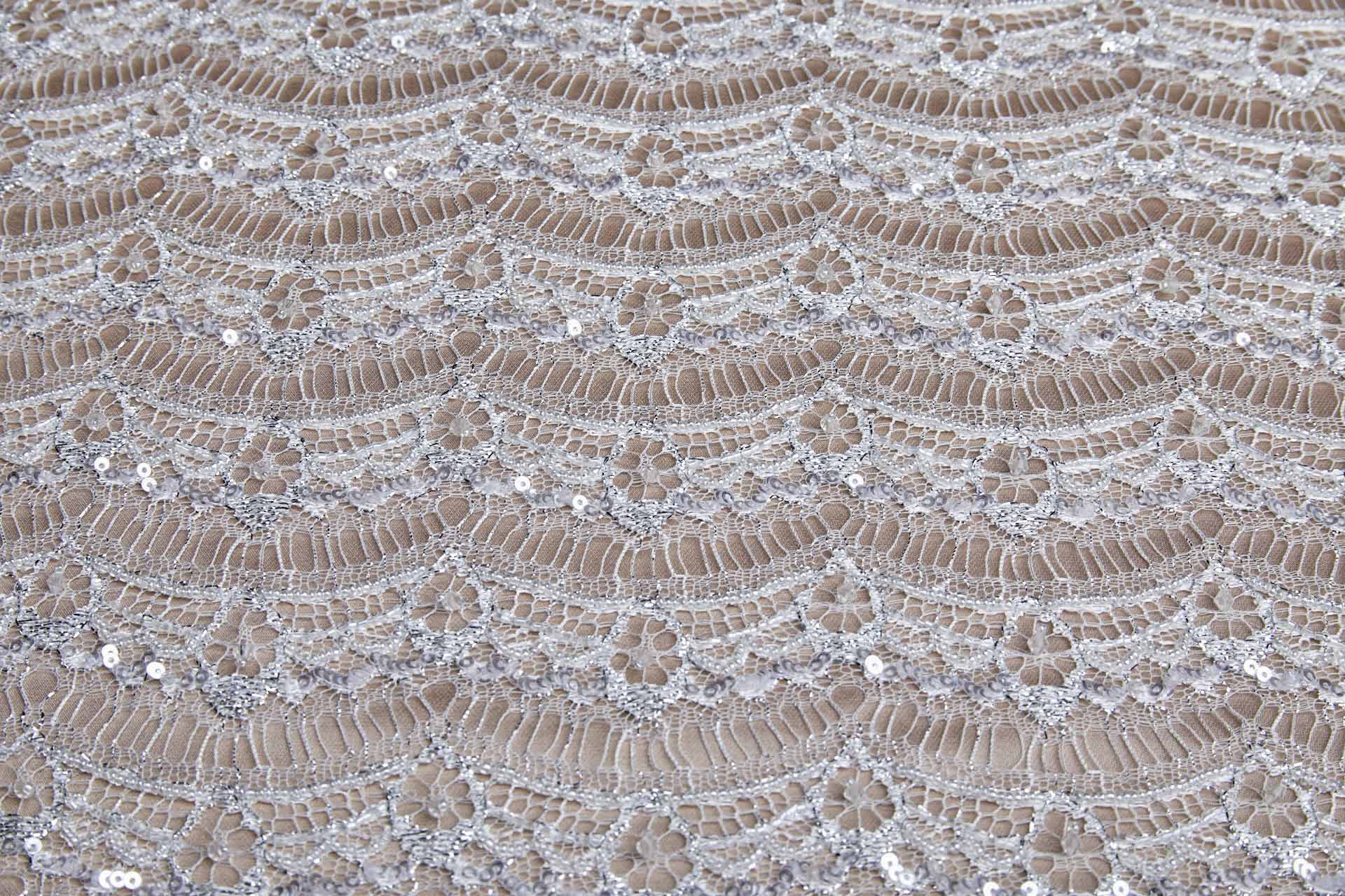 Leavers Lace Ivory / Silver Beaded and Sequinned fabric, image 3 of 13
