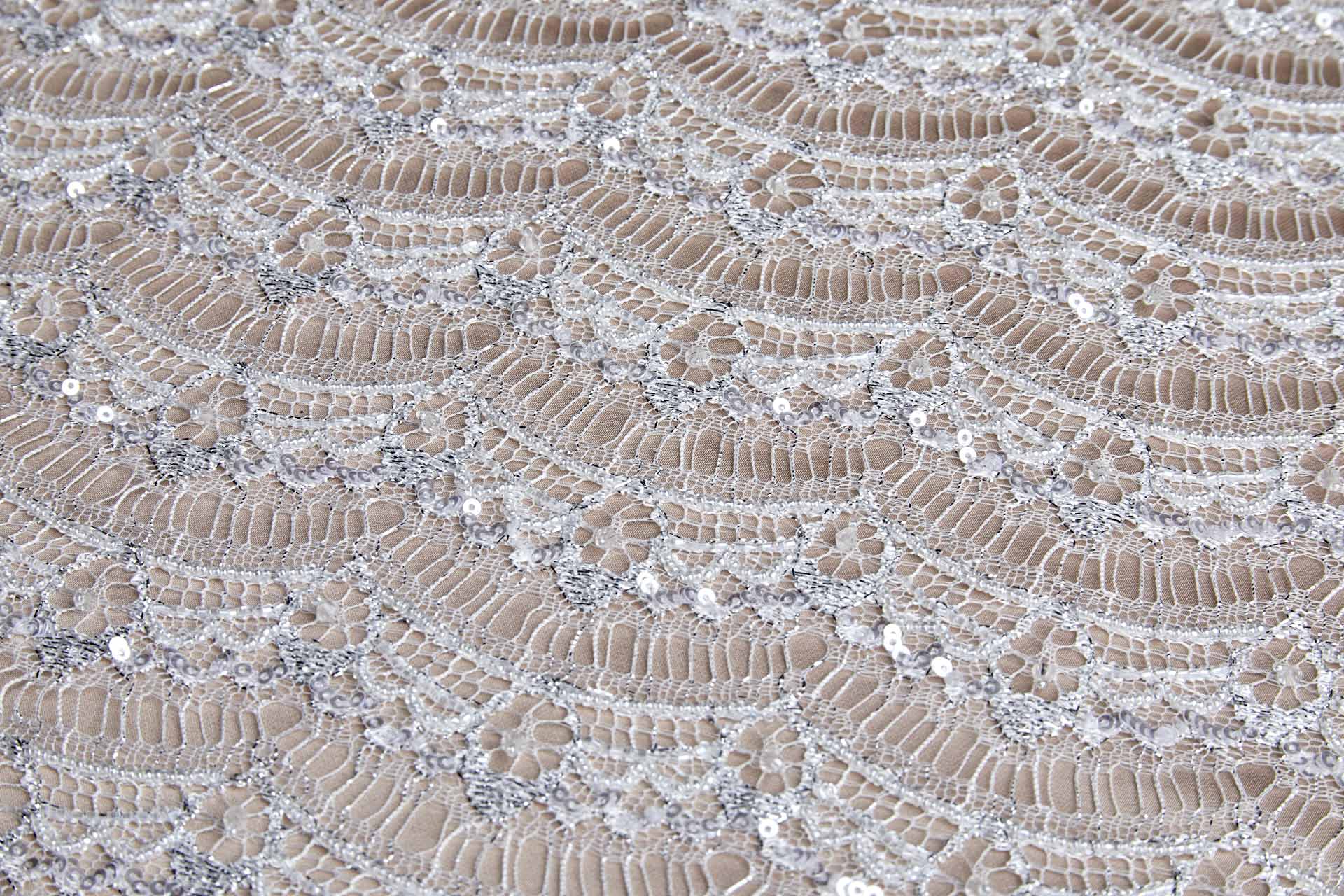 Leavers Lace Ivory / Silver Beaded and Sequinned fabric, image 4 of 13