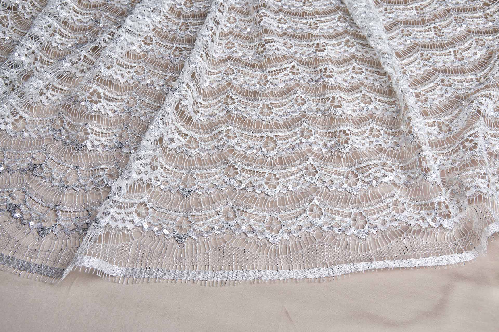 Leavers Lace Ivory / Silver Beaded and Sequinned fabric
