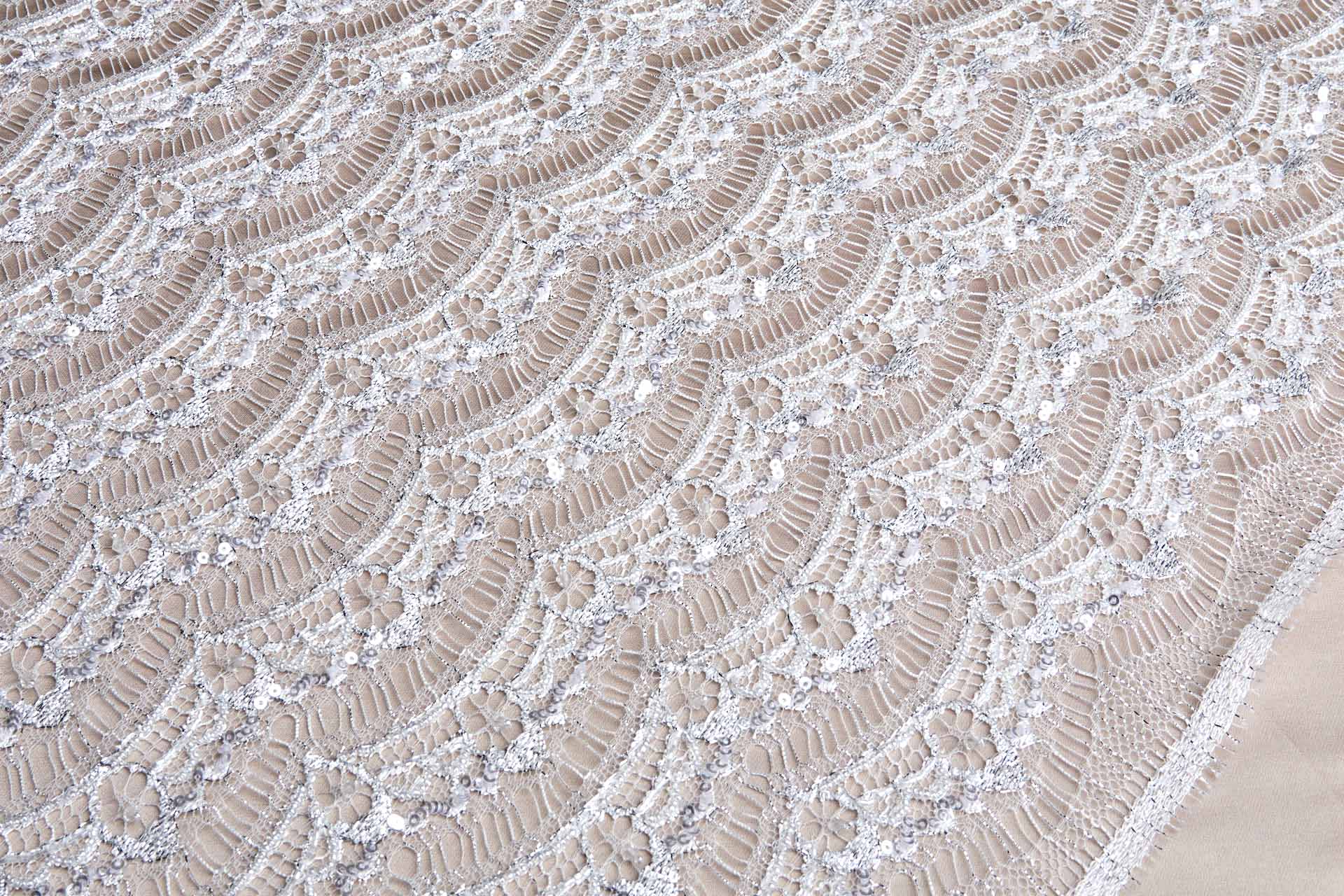 Leavers Lace Ivory / Silver Beaded and Sequinned fabric, image 7 of 13