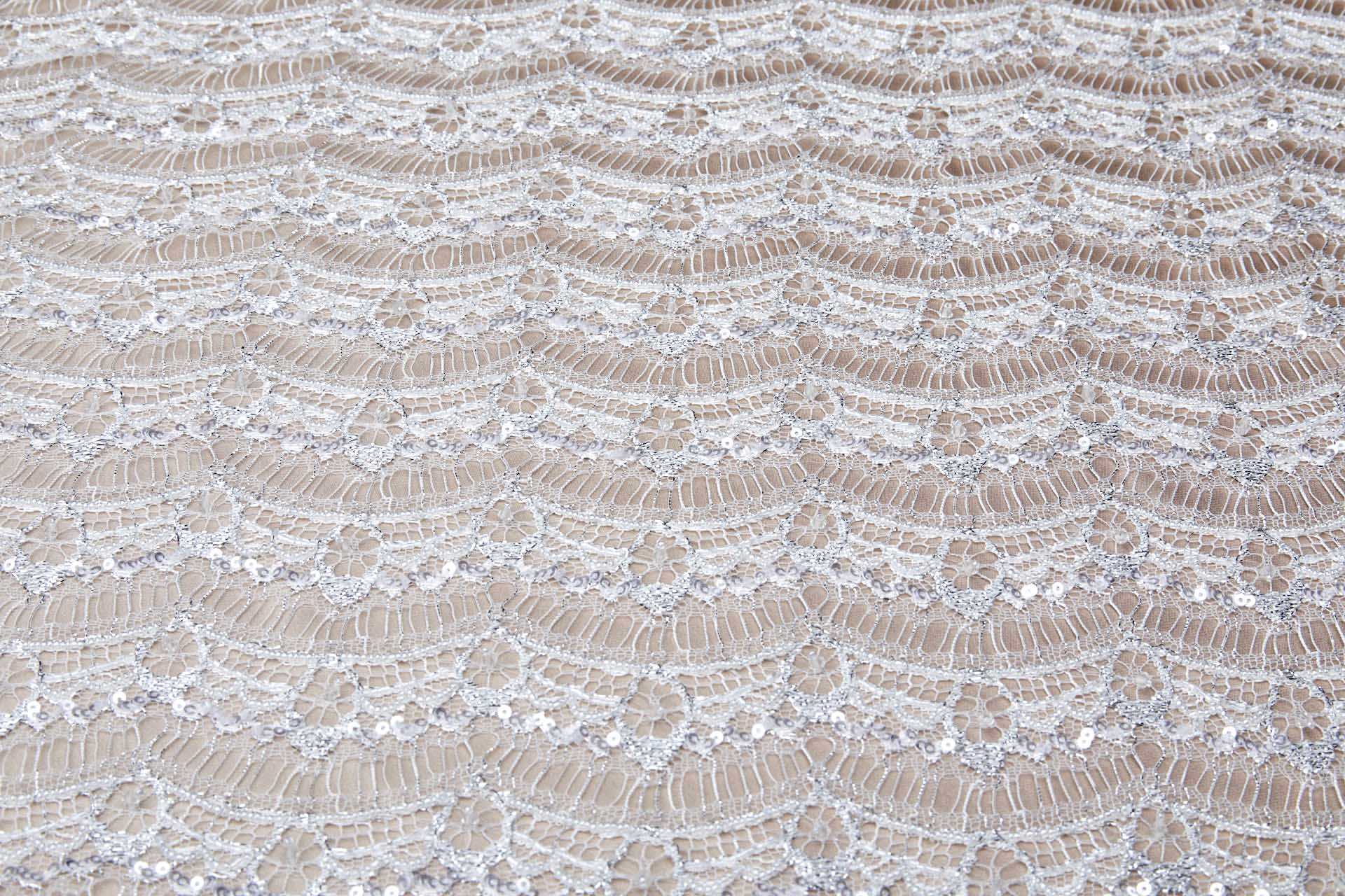 Leavers Lace Ivory / Silver Beaded and Sequinned fabric, image 8 of 13