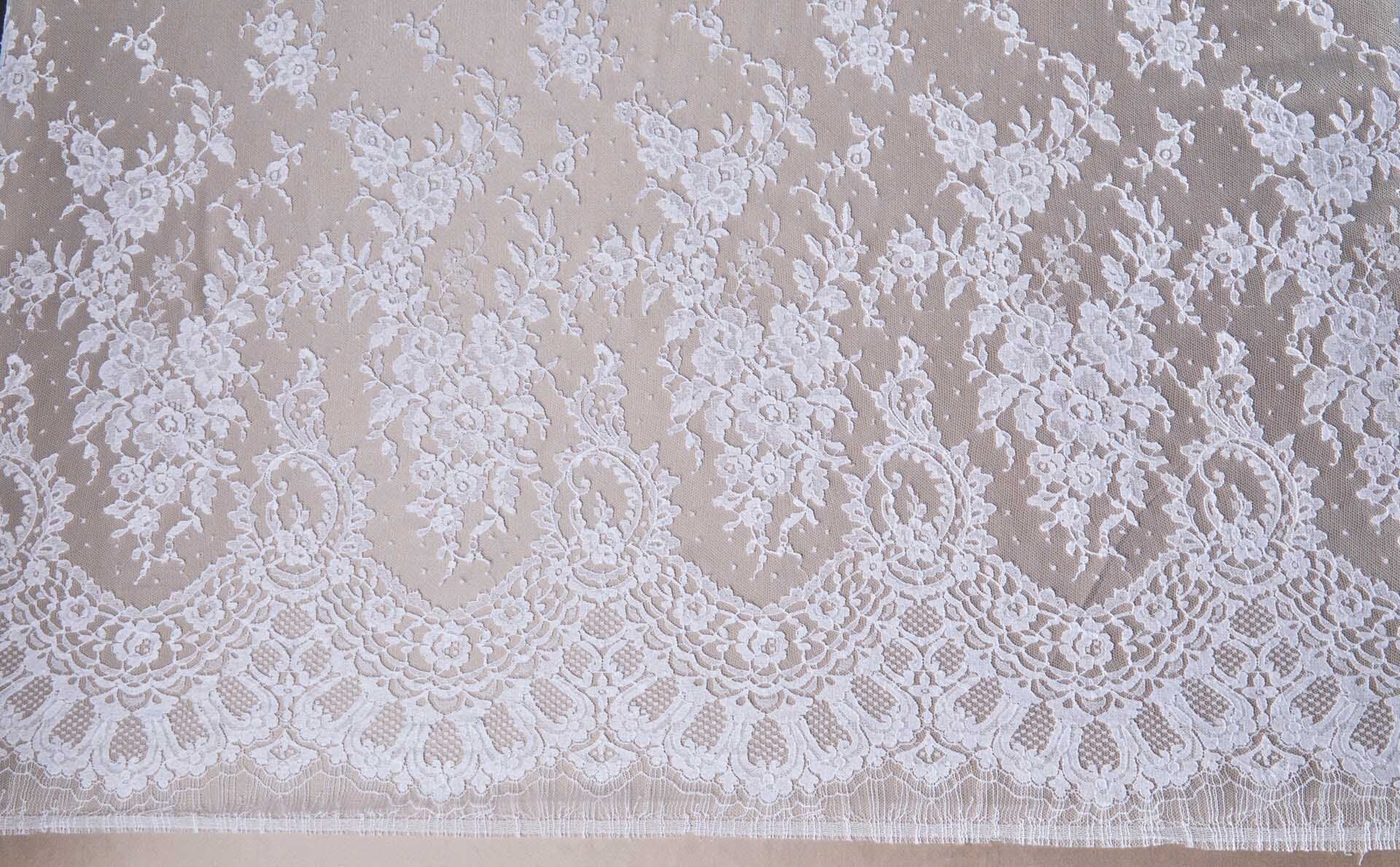 Classic Rose Spray Leavers Lace - White fabric, image 7 of 8