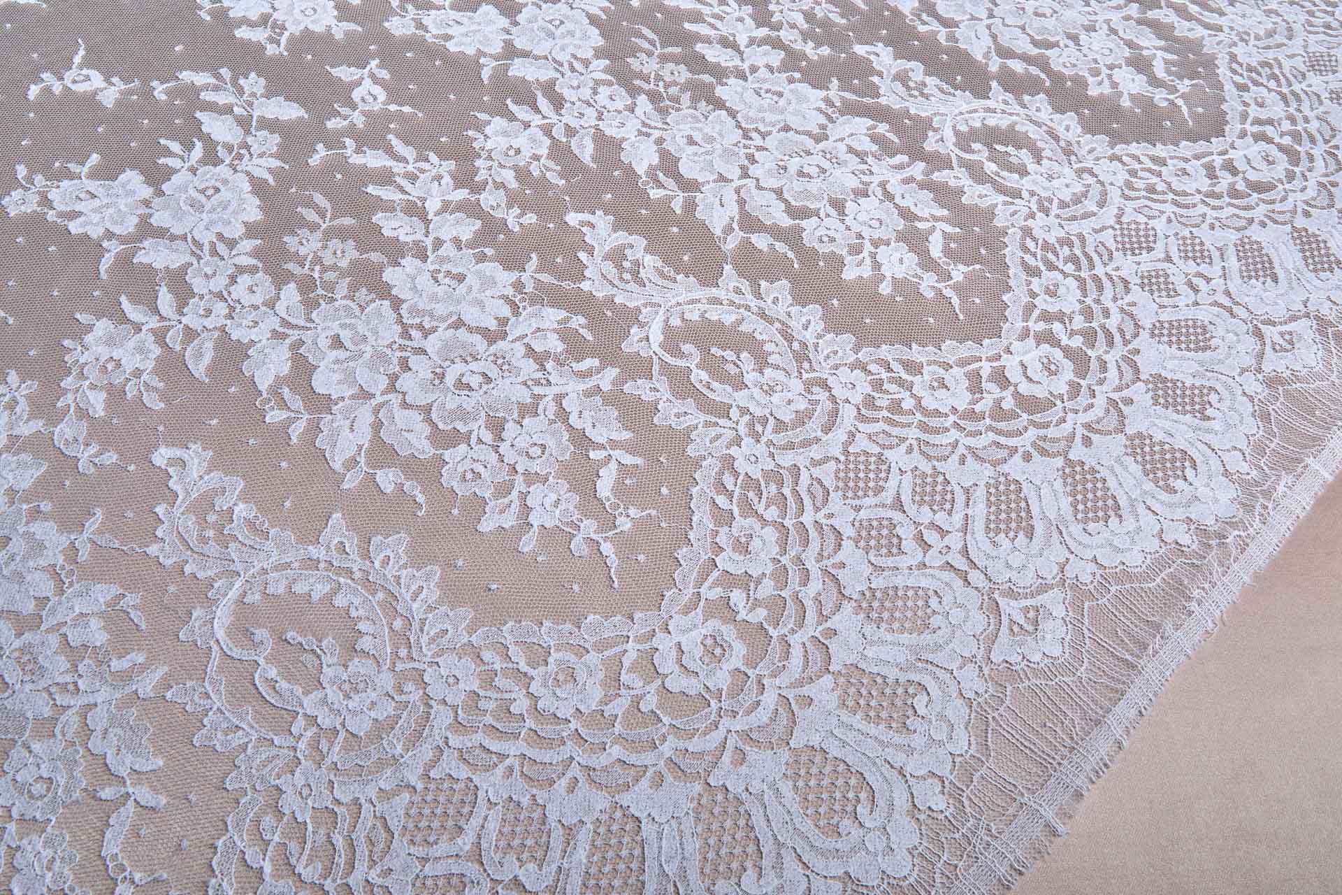 Classic Rose Spray Leavers Lace - White fabric